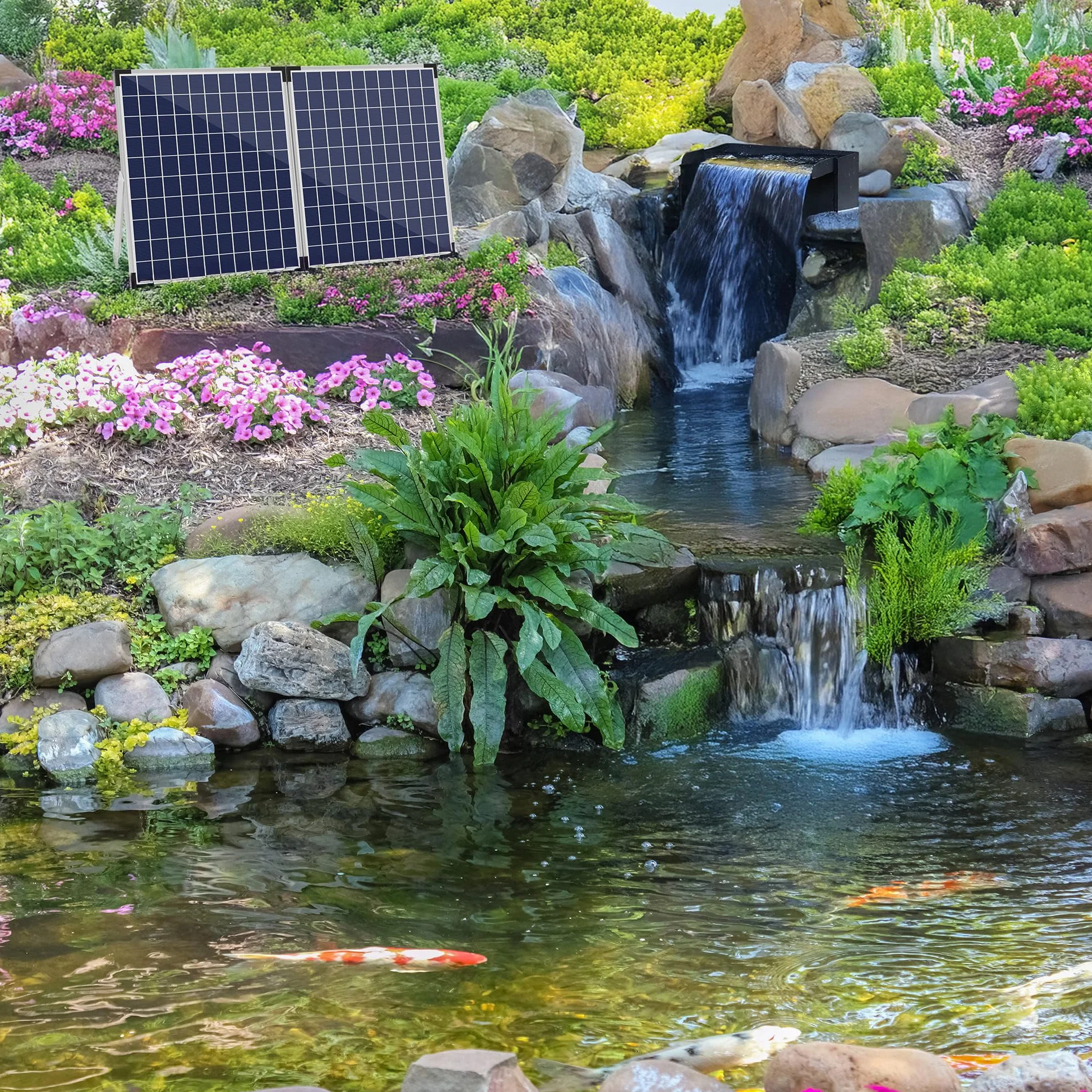 Biling Kit cascade solaire bassin jardin acier inoxydable 20 cm pompe 2100 l/h