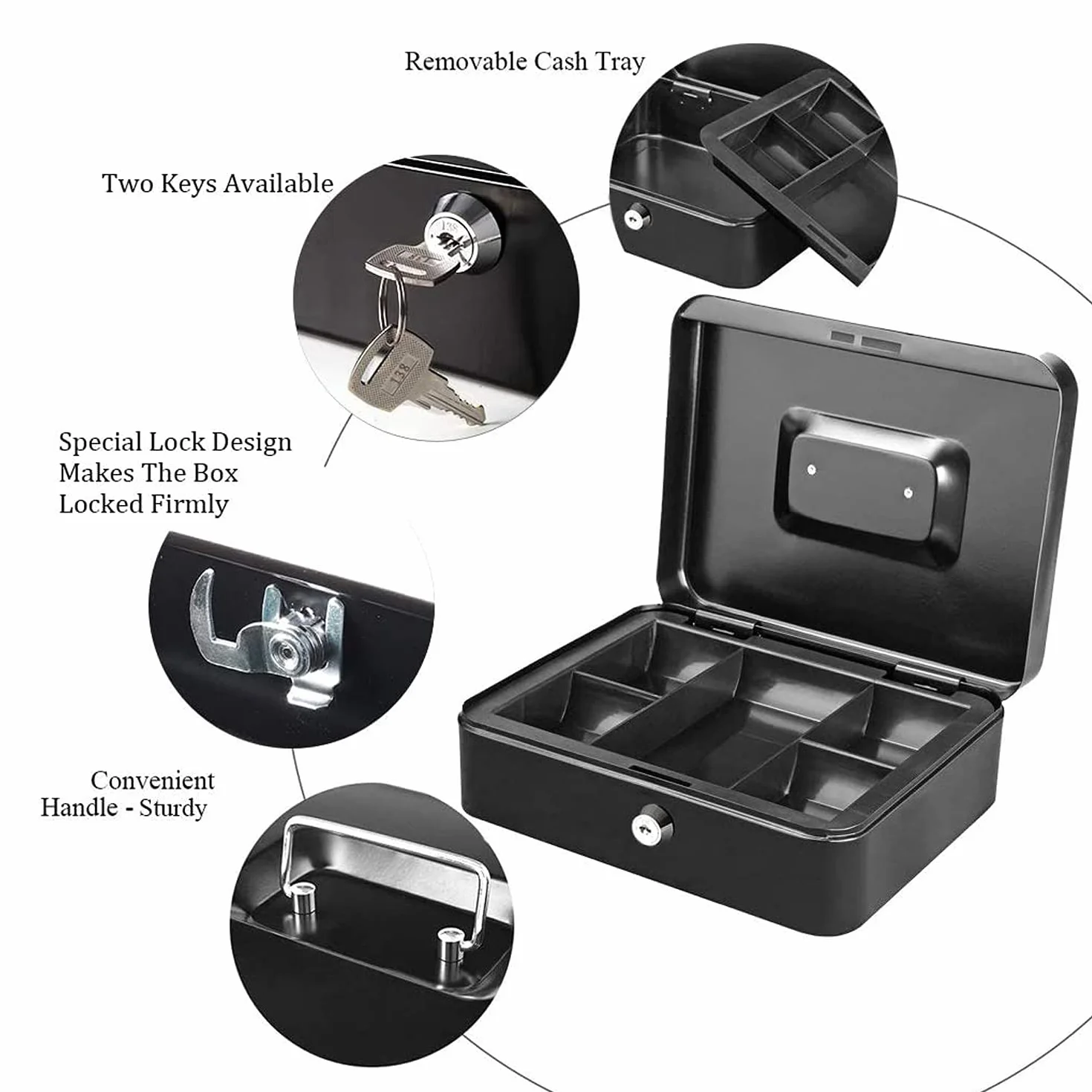 Caisse avec Serrure à clé Tirelire portative en métal Double Couche 2 clés sécurité 20*16*9cm Noir
