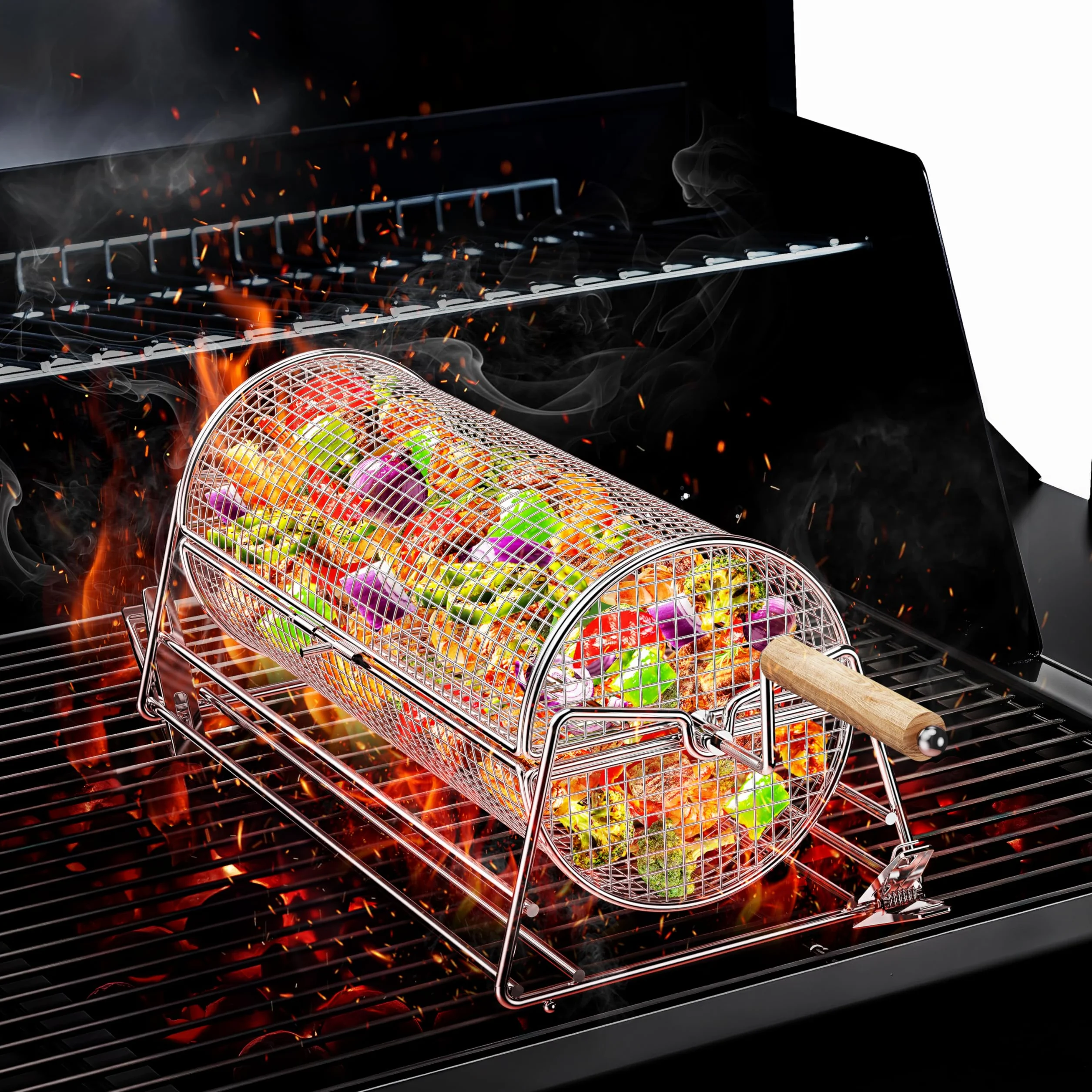 2-en-1 Panier à Barbecue Roulant Rotatif, Inoxydable 304 avec Poignées Détachables Doubles Manivelle et Droite, Accessoires BBQ pour Légumes Crevettes, Cadeau Idée Homme Papa Mari Anniversaire