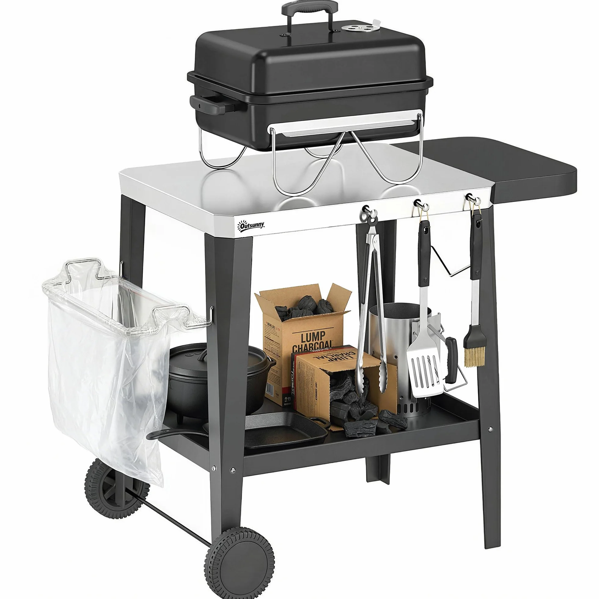 Outsunny Chariot de Barbecue 2 Niveaux Mobile Acier Inoxydable Table Latérale Pliable Roulettes 115x67,5x80,5 cm Noir
