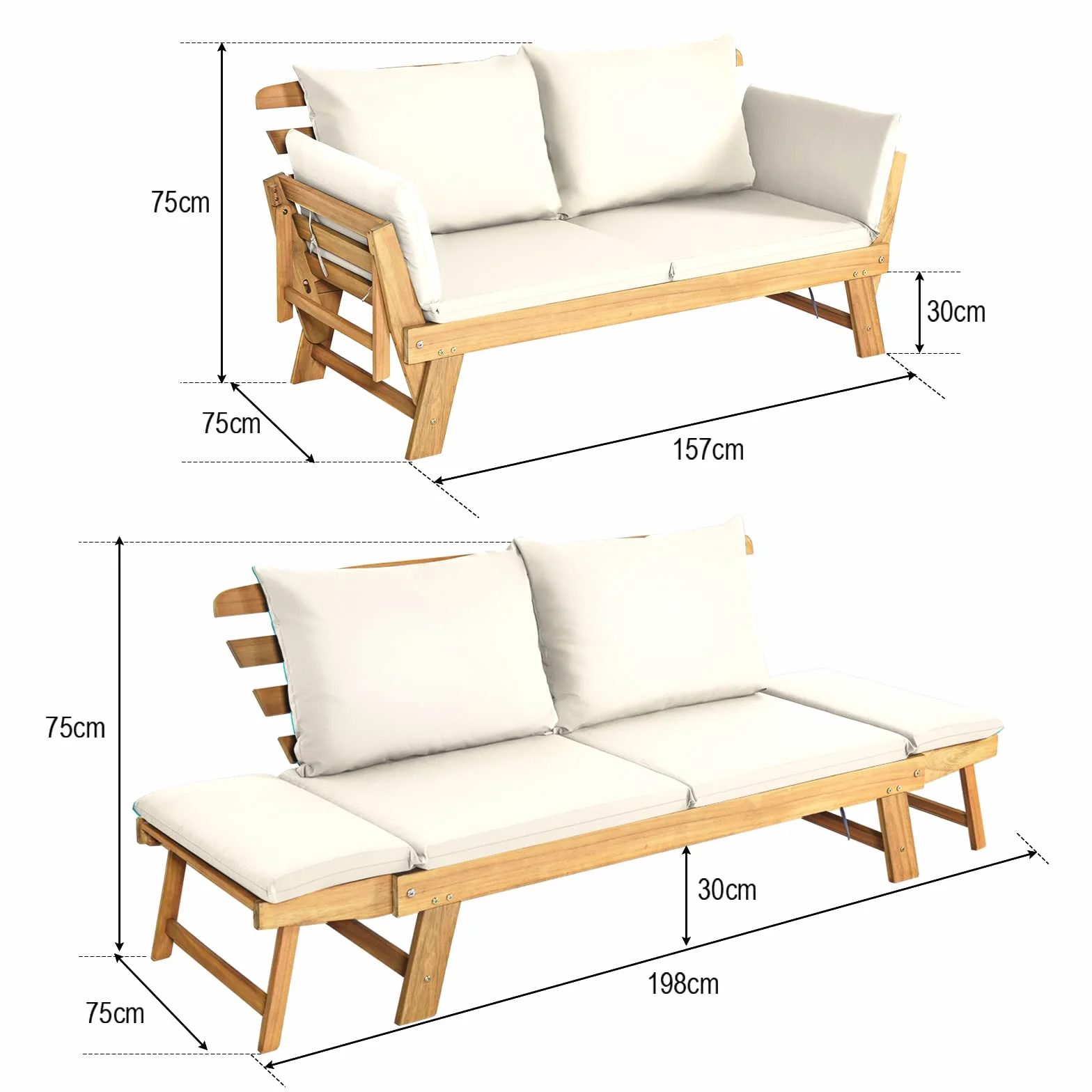 GOPLUS Canapé Lit de Jardin Extensible 2 Places Charge 320 KG, Accoudoirs Réglables, Coussins & Dossier Amovibles, Cadre en Bois d’Acacia Massif, pour Terrasse, Balcon, Parc, Patio (Blanc)