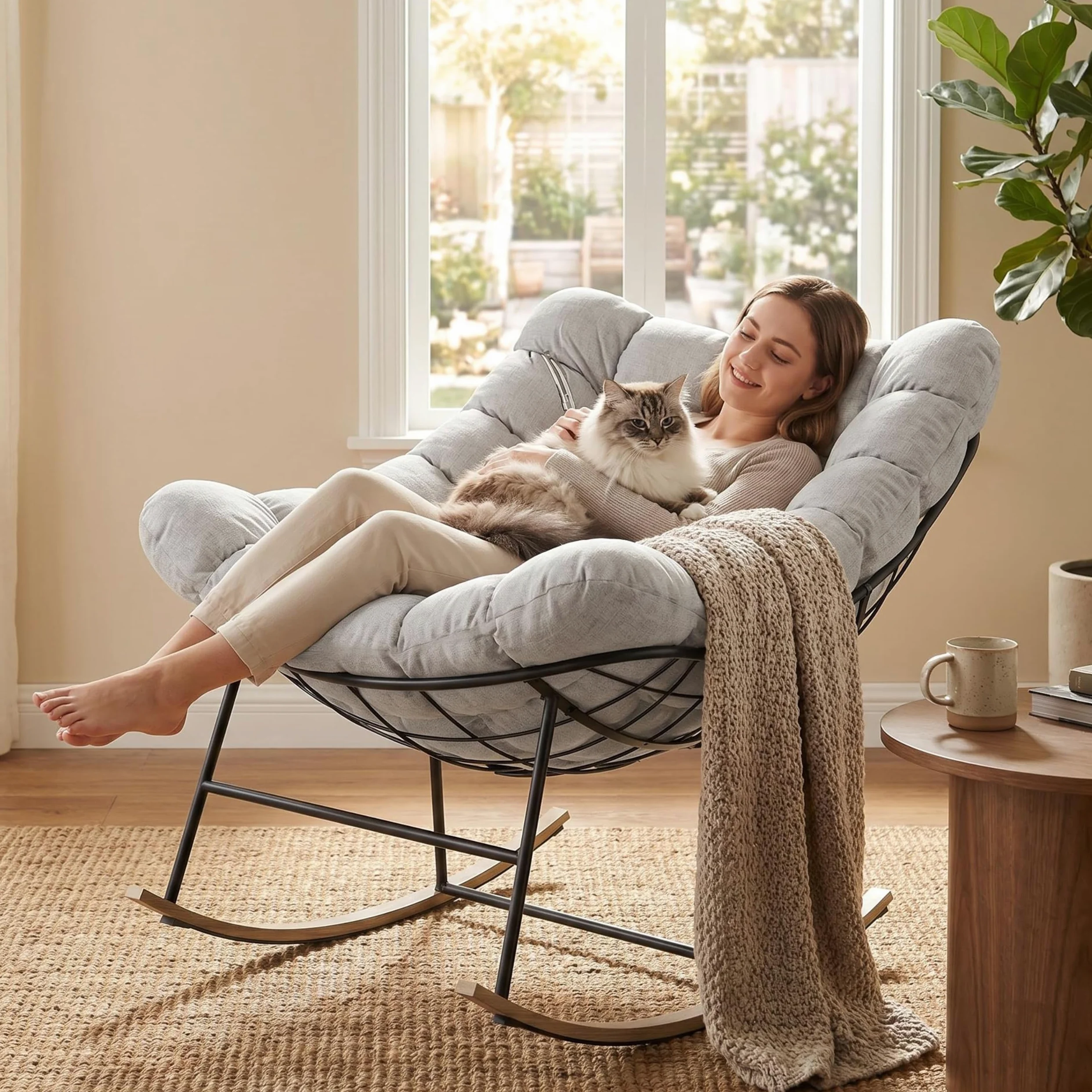 Fiutazge Lot de 2 Fauteuil à Bascule Papasan Surdimensionné Cadre Acier Charge 180kg,Coussin Rembourré pour Jardin Salon Balcon,Beige