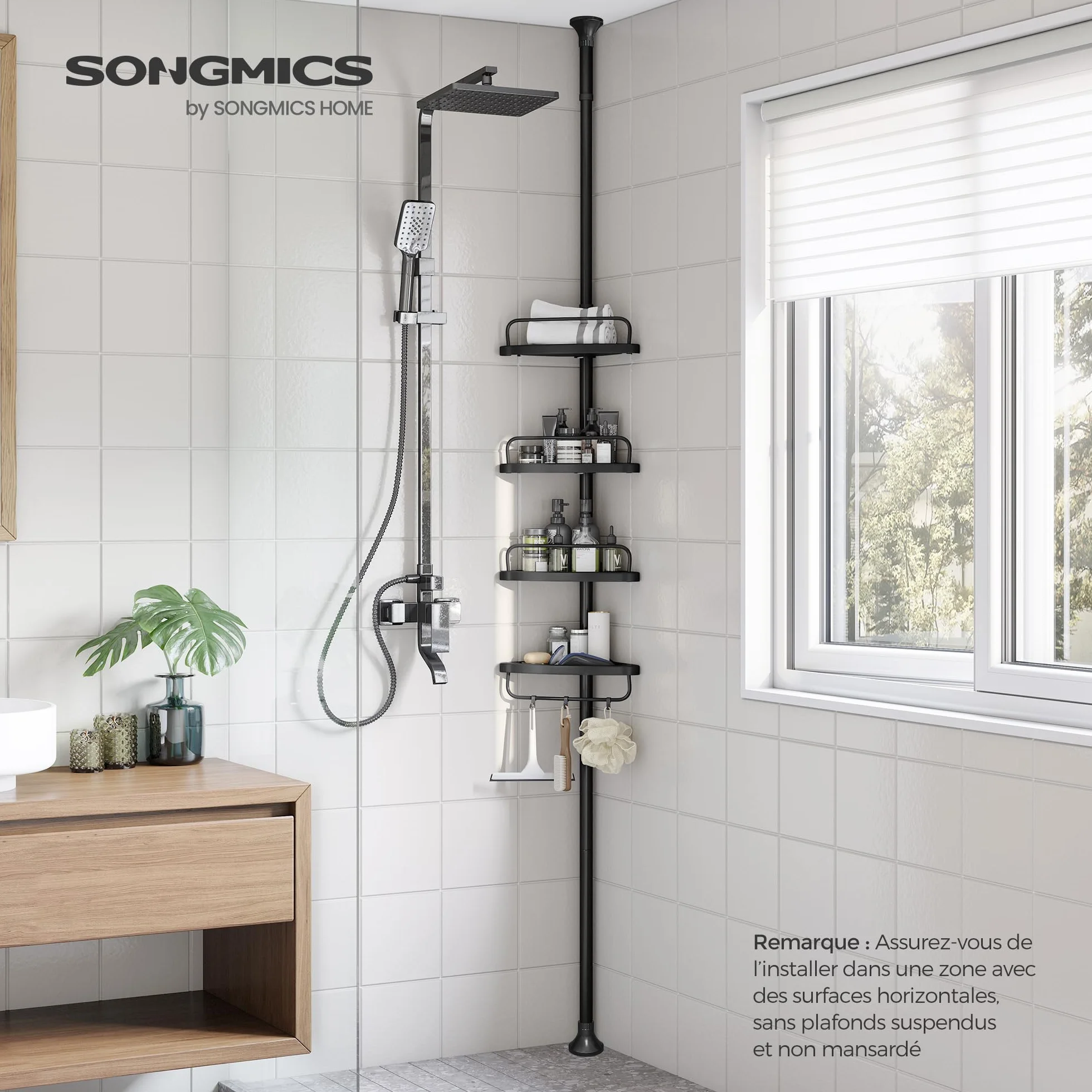 SONGMICS Étagère de Douche Réglable 4 Niveaux, Étagère d'angle Télescopique, Hauteur 85-305 cm, Rangement Salle de Bain Noir