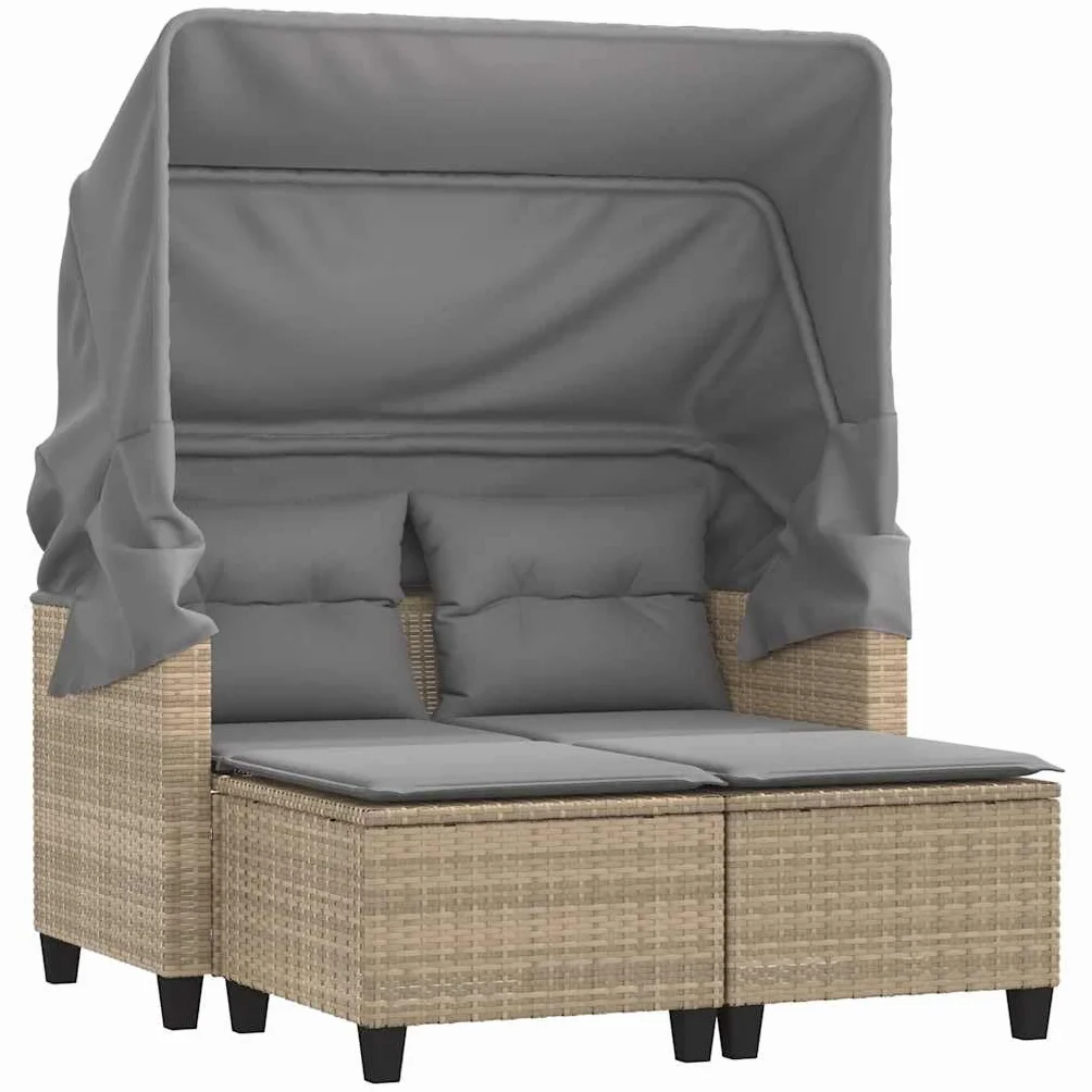 vidaXL Canapé de Jardin 2 Places avec Auvent et Tabourets, Siège de Patio, Meuble de Terrasse Balco Extérieur, Beige Résine Tressée