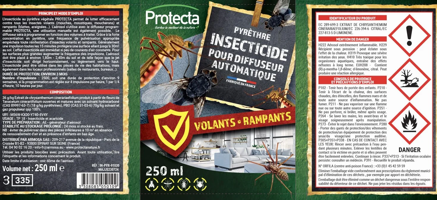 Protecta Kit Diffuseur Insecticide Automatique Programmable Aérosol Pyrèthre 250 ml Anti-Mouches Moustiques Insectes Volants Protection 24h/24