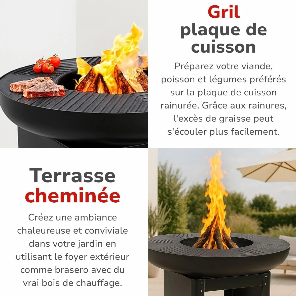 Alpina Foyer Extérieur 3 en 1 Cheminée de Jardin 61x90 cm avec Plaque Chauffante Teppanyaki Barbecue à Plancha