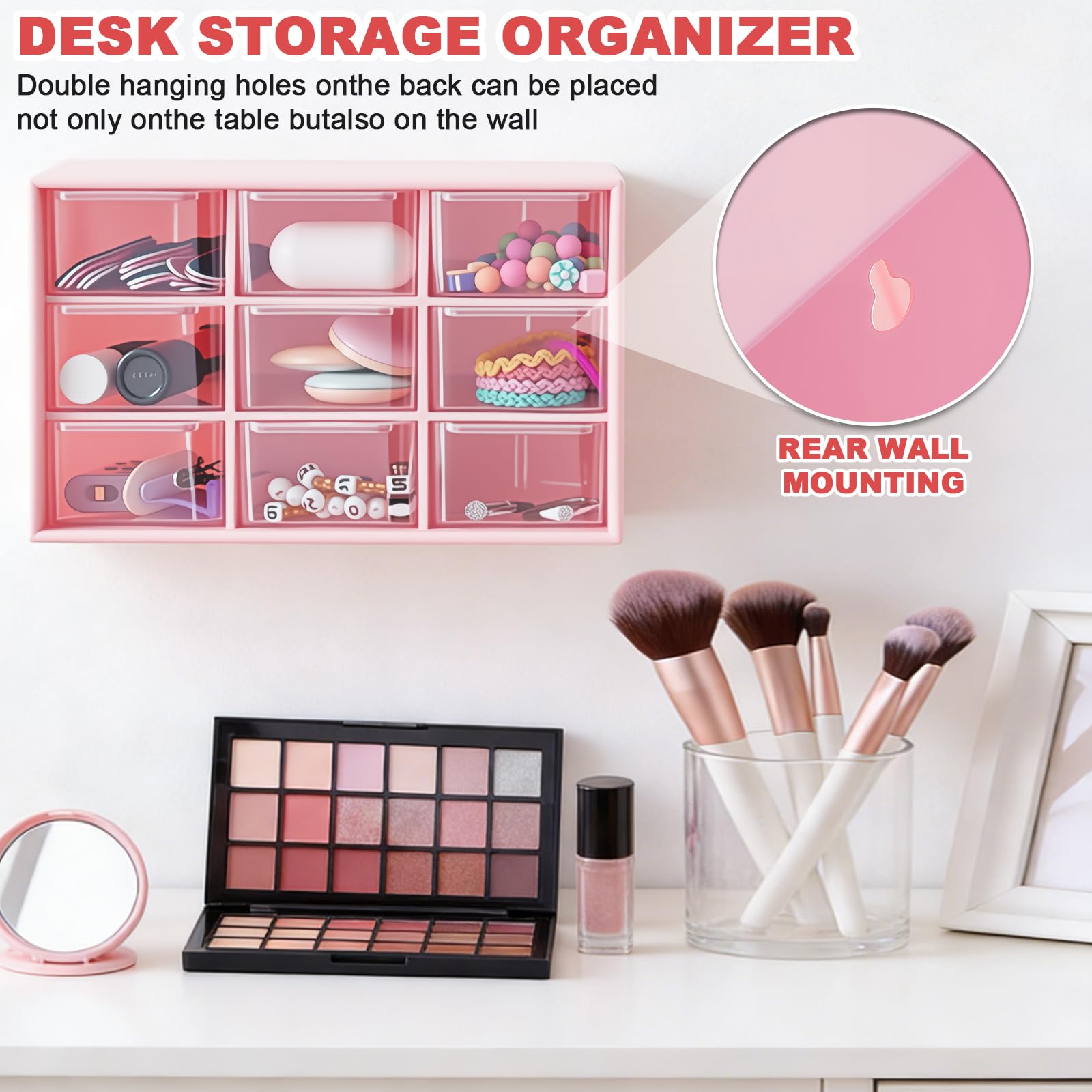 Pink Clear 9-Compartment Desk & Drawer Organizer