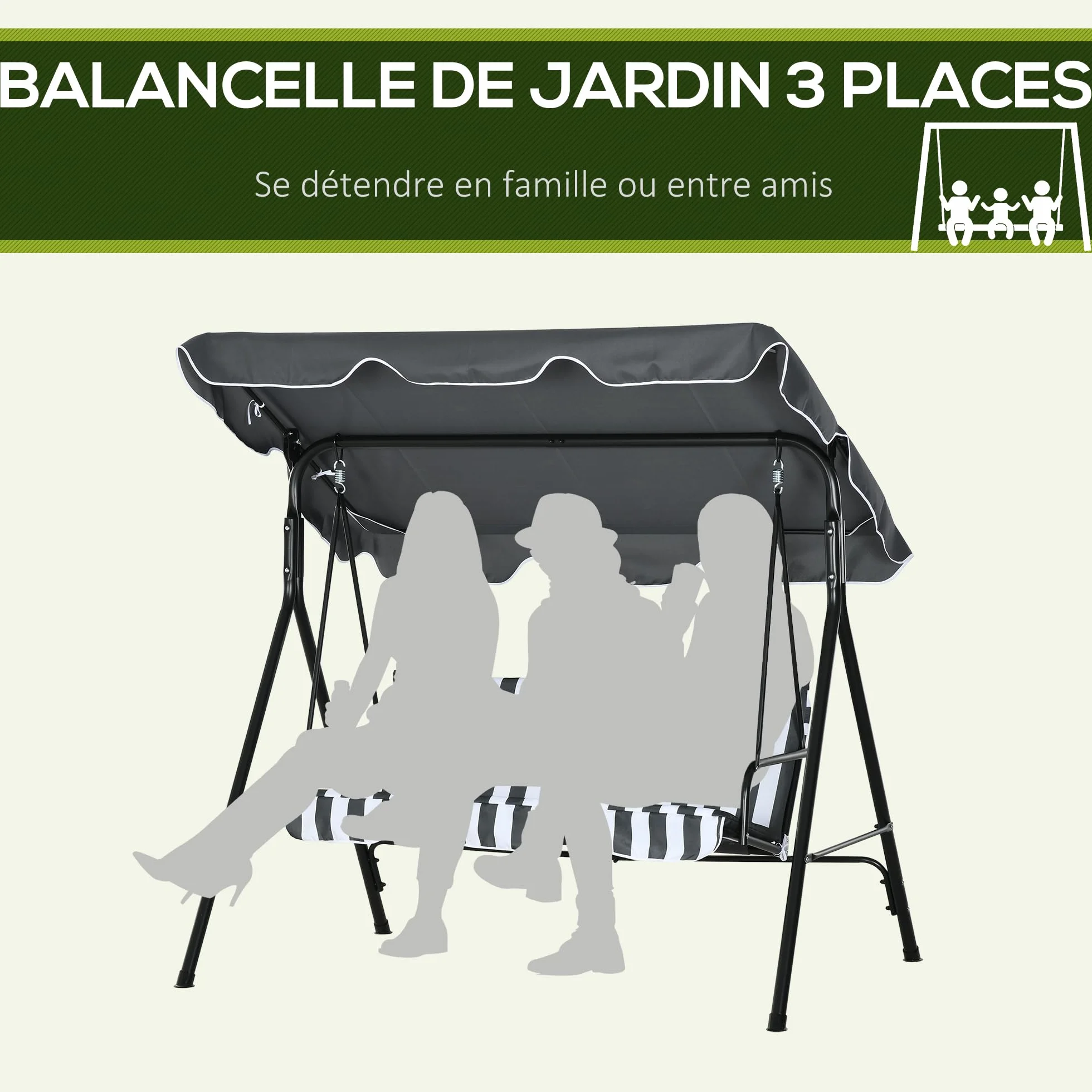 Outsunny Balancelle de Jardin 3 Places Toit Inclinaison réglable 1,72L x 1,1l x 1,53H m Acier Noir Polyester Gris