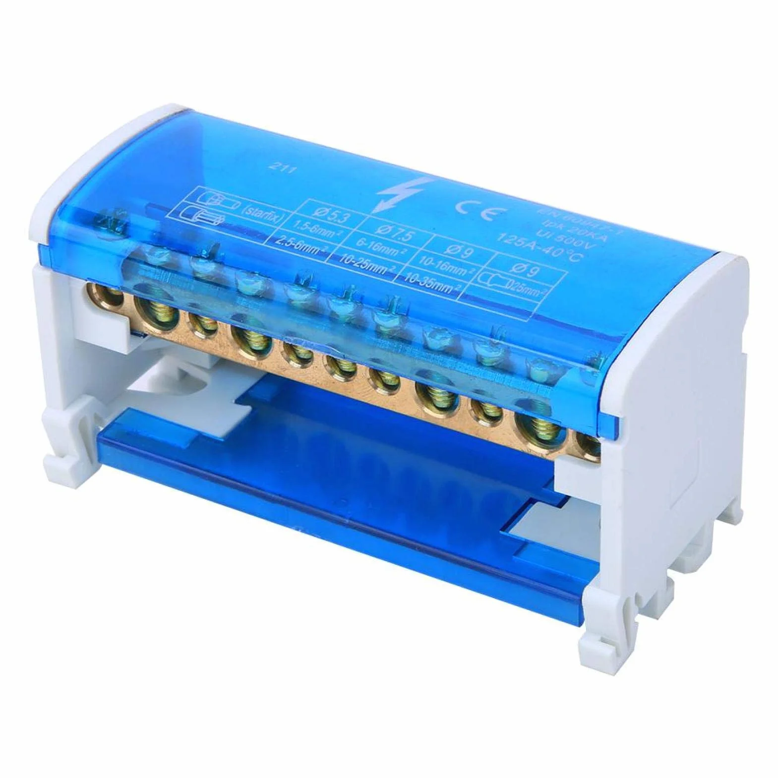 Boîte de Distribution de Bornes 125A 500V 2x11 Positions Rail DIN Monophasé 2 Niveaux avec Cache Anti-poussière