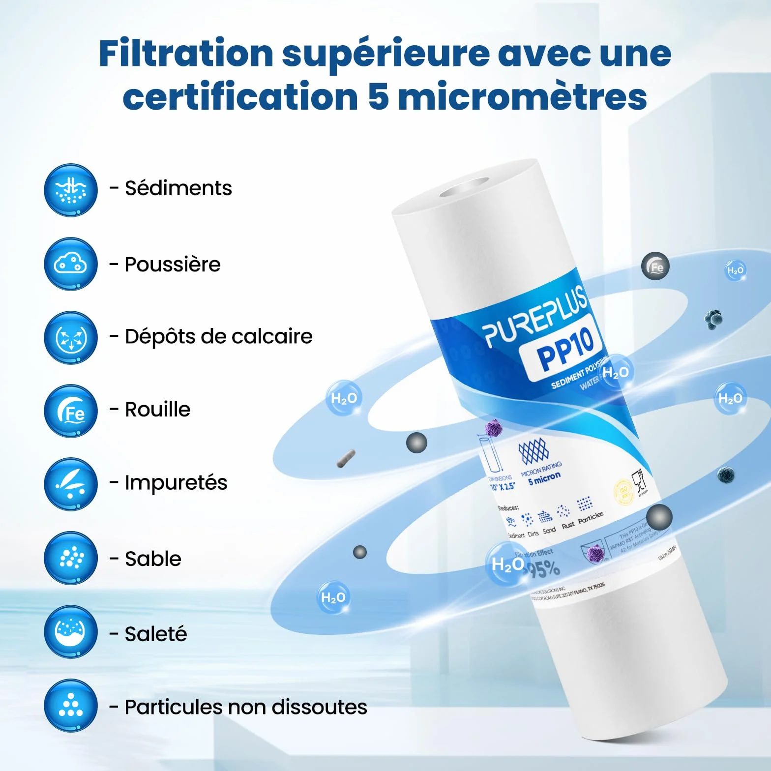 PUREPLUS Filtre à eau à sédiments 5 microns 10" x 2.5" Lot de 4 Cartouches Compatible Big Blue