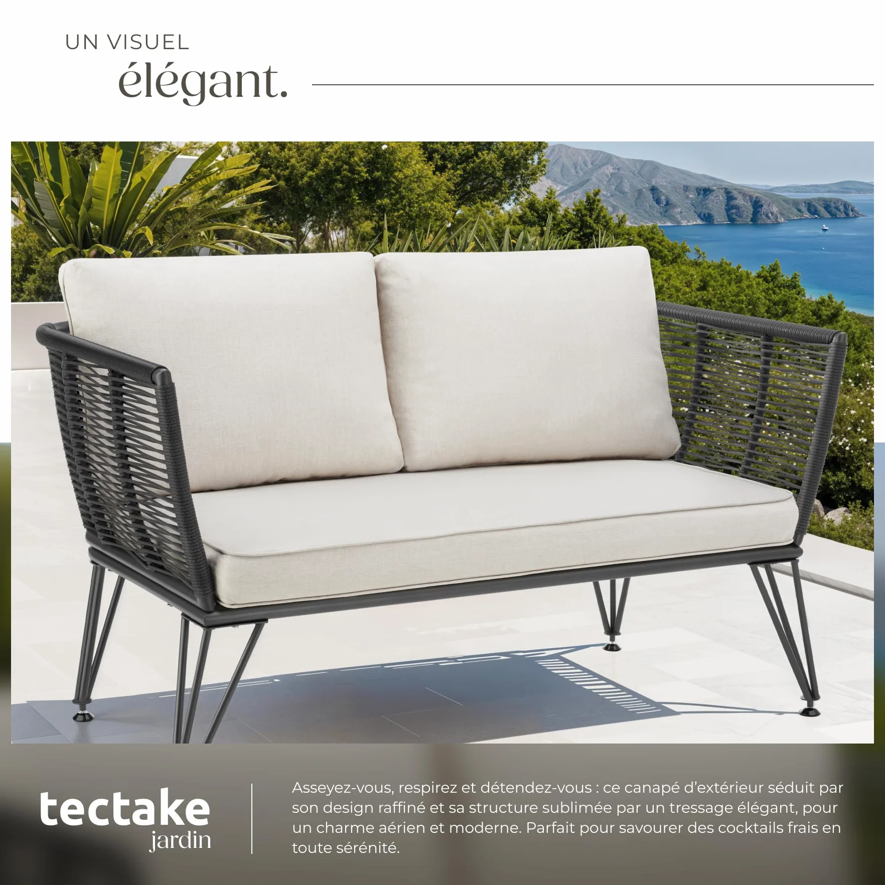 tectake® Canapé 2 Places Salon de Jardin Exterieur en Résine tréssée Salon Exterieur, Banquette de Jardin Coussins Inclus, Amenagement Balcon Terrasse Veranda Patio Maison