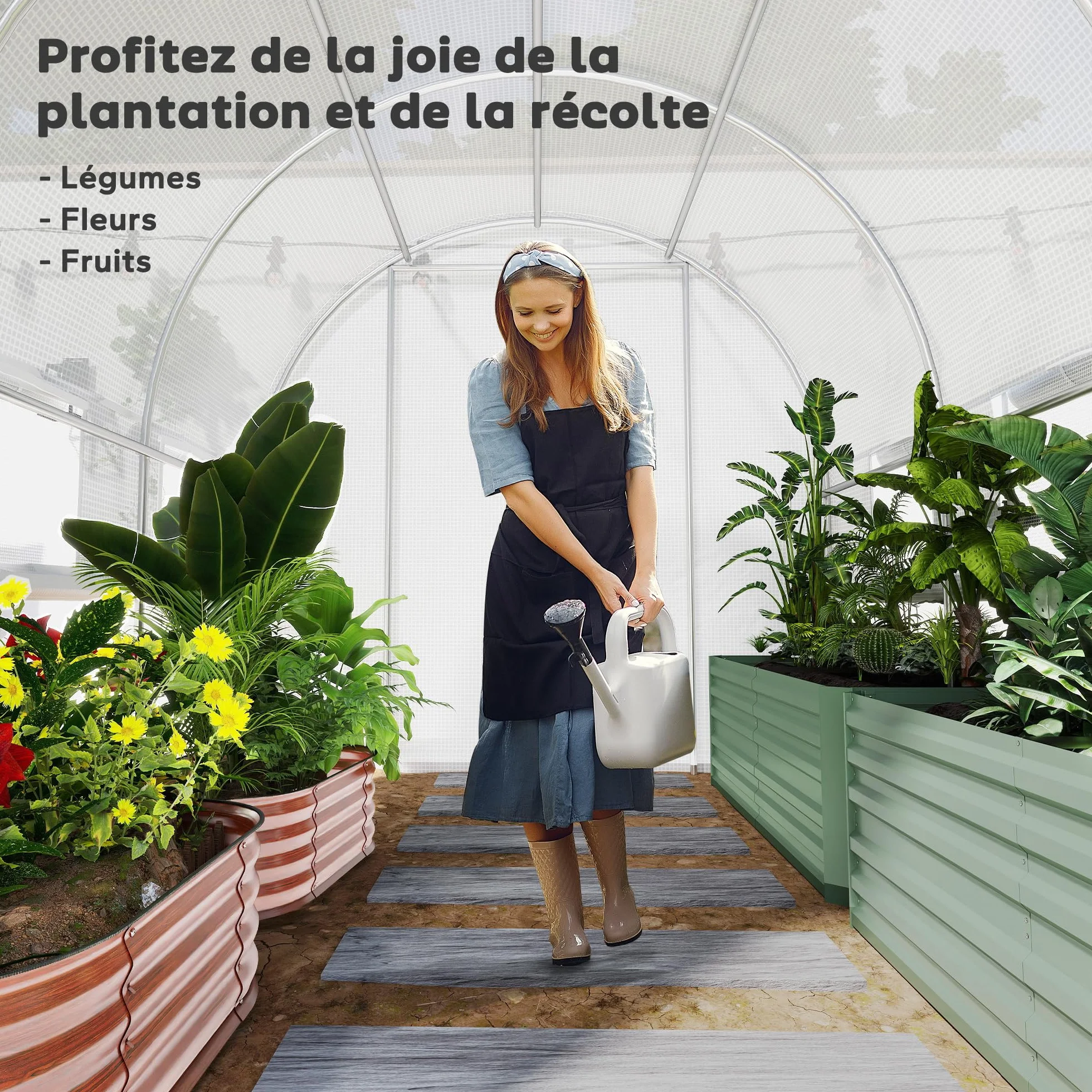 Outsunny Serre de Jardin Tunnel, Serre Tunnel 6 m² avec 6 fenêtres et 1 Porte Enroulable, Toile PE Structure en Acier galvanisé, Blanc