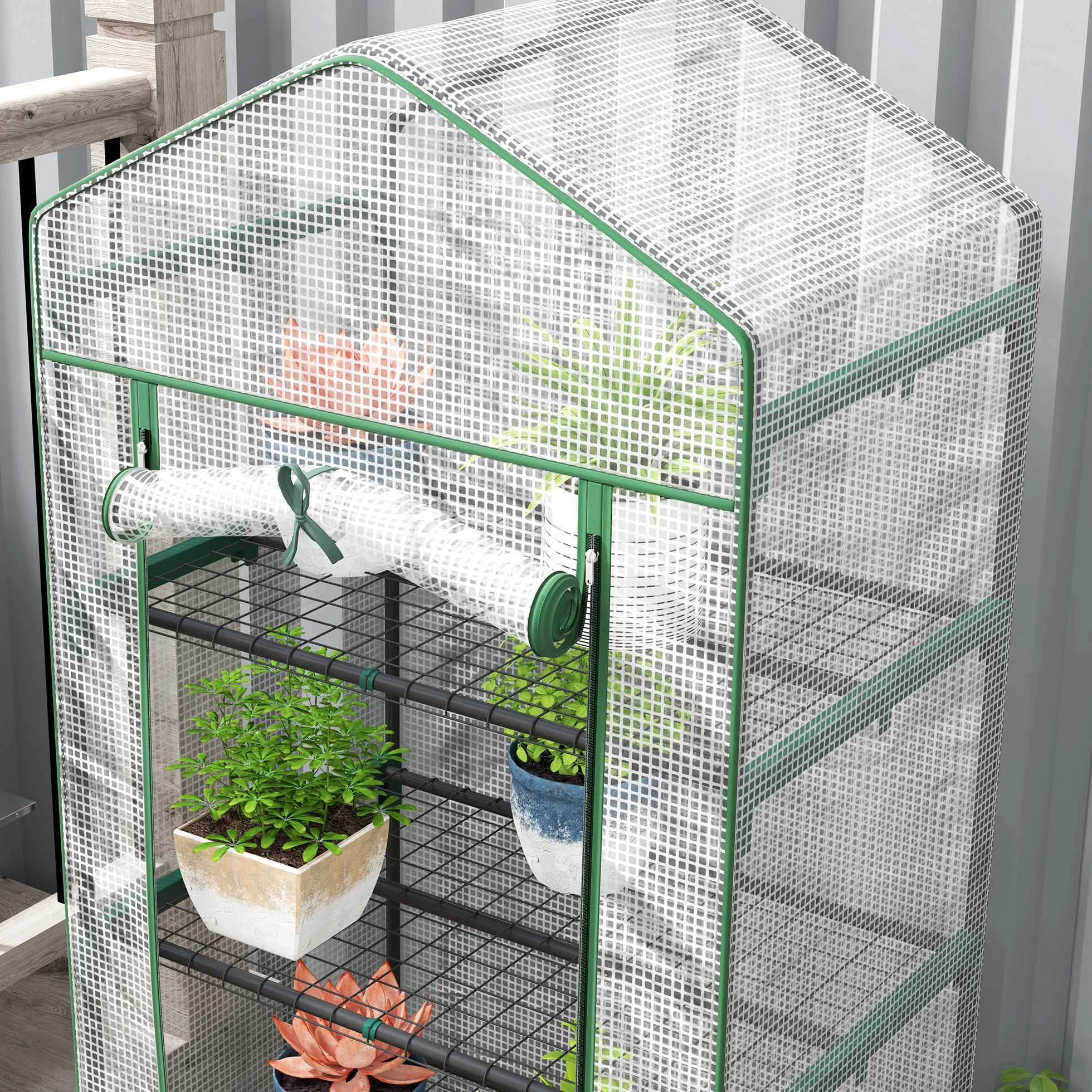 Outsunny Serre de Jardin PE avec étagères 5 Niveaux, Serre de Balcon, bâche renforcée, châssis en Acier, Porte zippée Enroulable, pour légumes Plantes Fleurs, 69 x 49 x 193 cm, Blanc