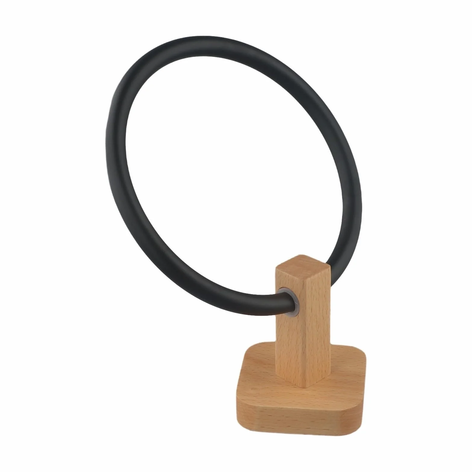 Porte-serviettes mural moderne en bois massif, design sans perçage avec barre en aluminium noir mat, organisateur d'anneau de serviette de salle de bain peu encombrant (noir hêtre)