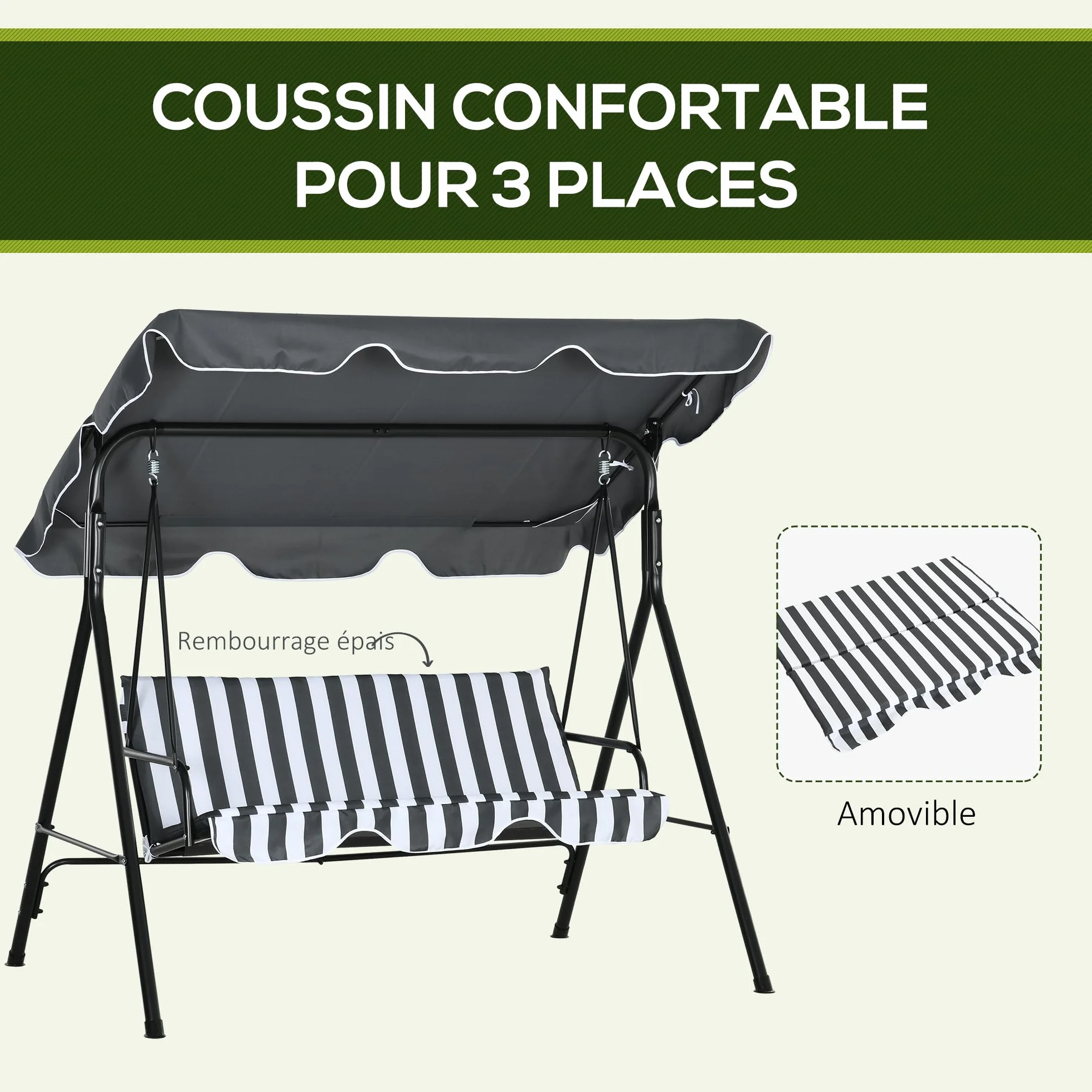 Outsunny Balancelle de Jardin 3 Places Toit Inclinaison réglable 1,72L x 1,1l x 1,53H m Acier Noir Polyester Gris