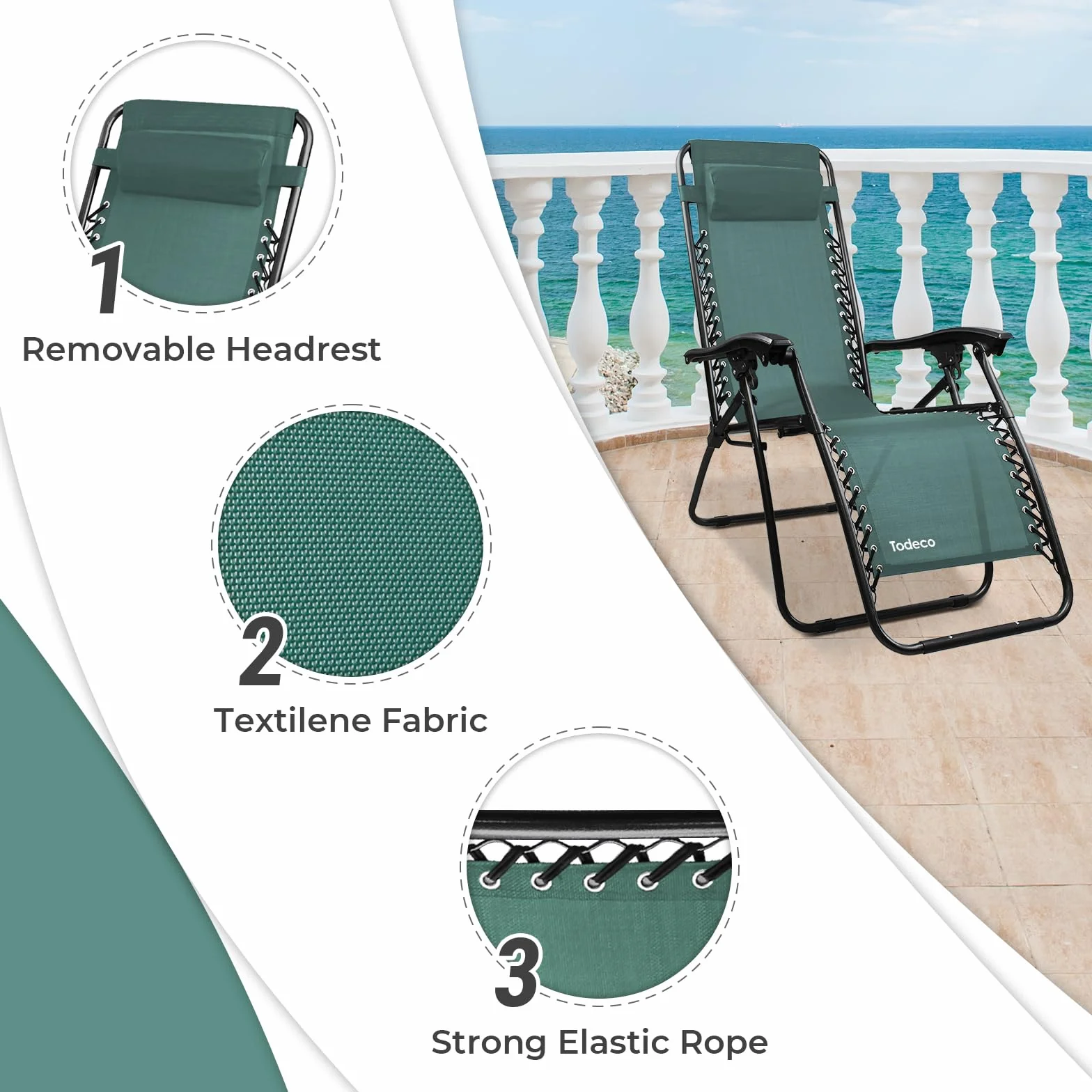 Todeco Chaises Longues Zéro Gravité Pliables en Textilène Respirant avec Repose-Tête, Vert