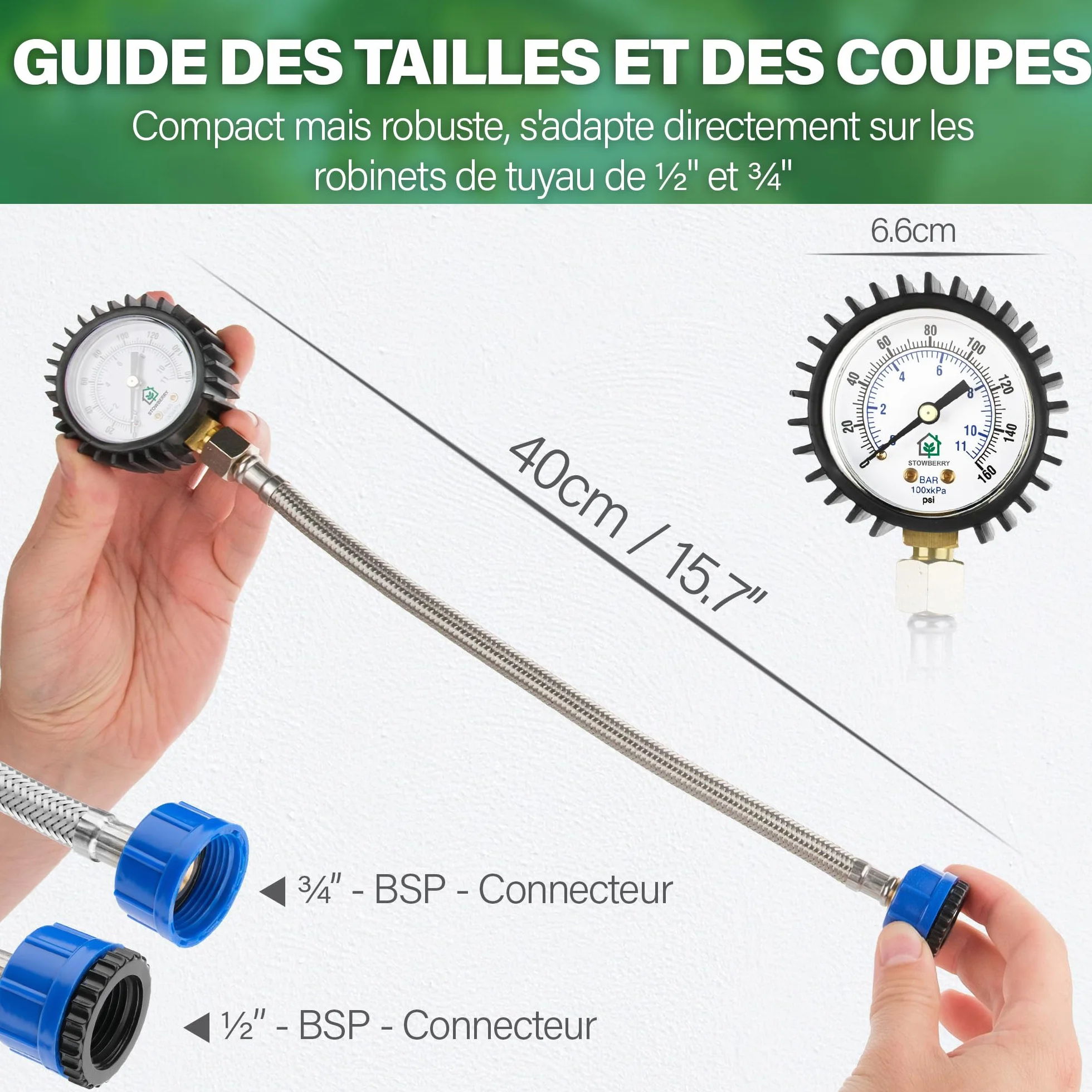 Manomètre de pression d'eau réseau 0-11 bar 0-160 PSI avec connecteur pour robinet de tuyau
