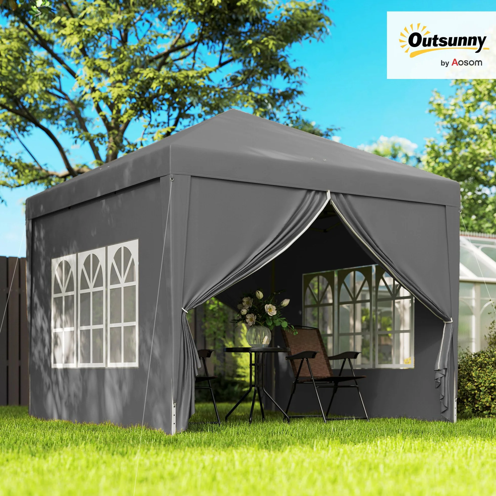 Outsunny Tonnelle de Jardin extérieure Tente de réception Barnum Pop-up Pliant 3 x 3 m 4 parois Amovibles + Sac de Transport Gris