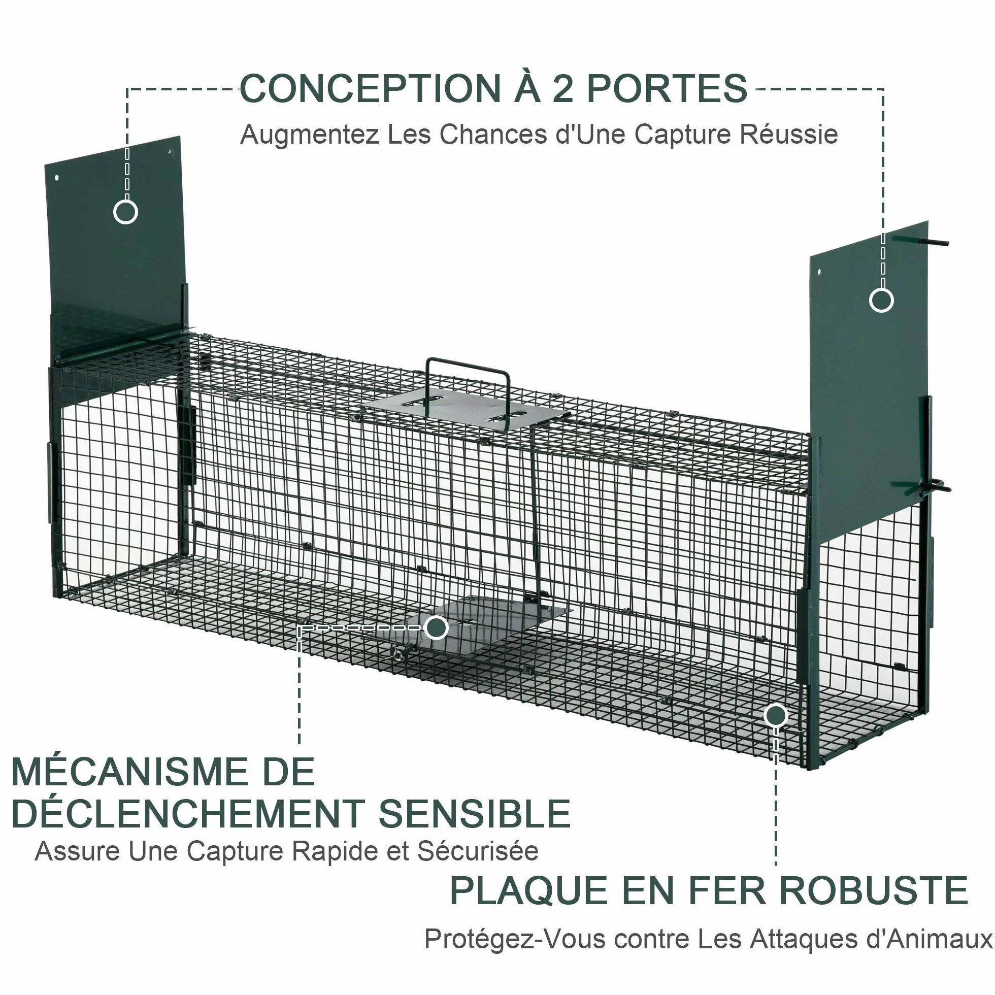 Pawhut Piège Capture Petits Animaux Lapin Rat 2 Entrées Poignée 100x25x28 cm Métal Vert
