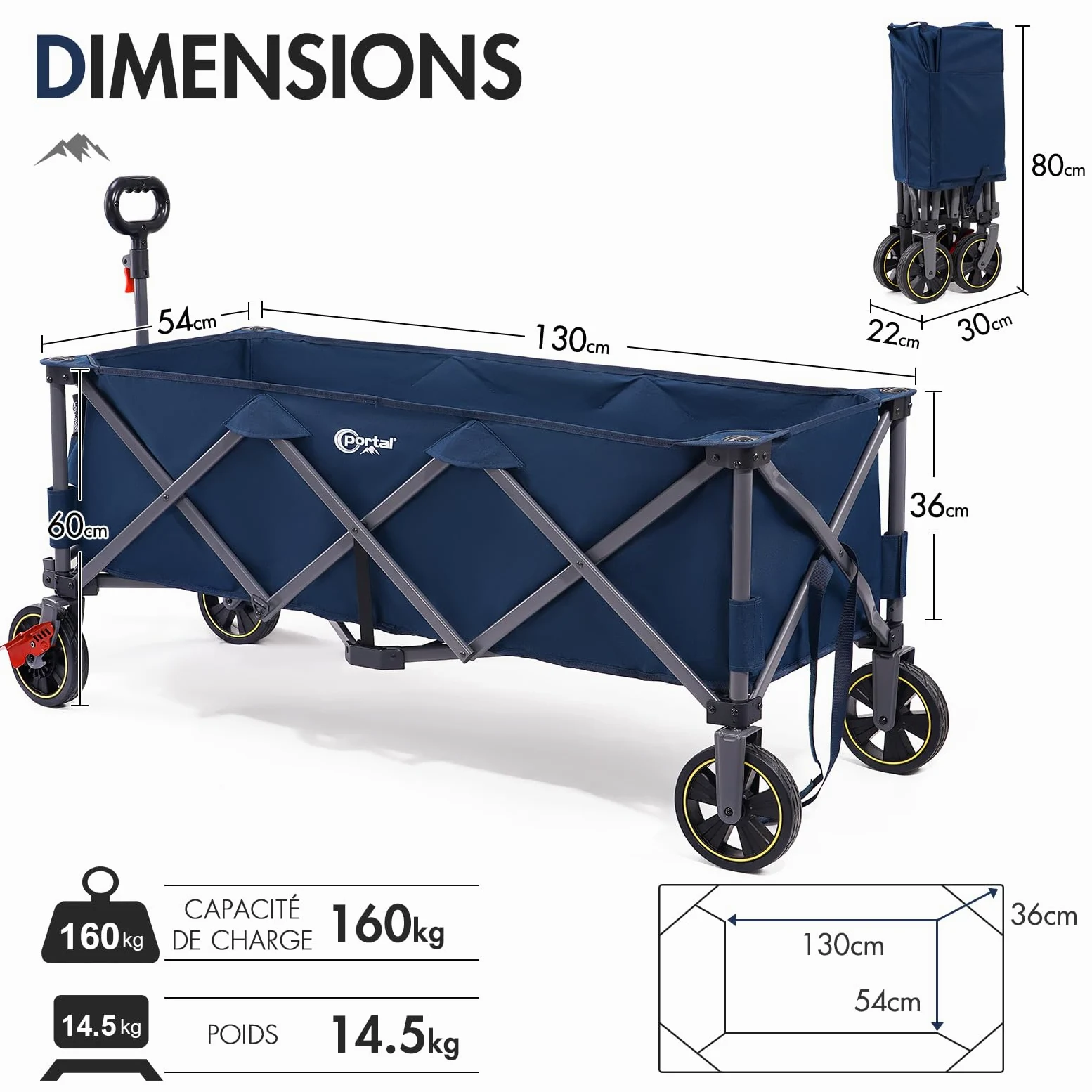 PORTAL Chariot de Plage Pliable, 400L 160KG Plage très Long Chariot à roulettes avec Filets Anti-Chute Frein Tout Terrain Poignée Réglable Charrette pour Extérieur Camping Pique-Nique