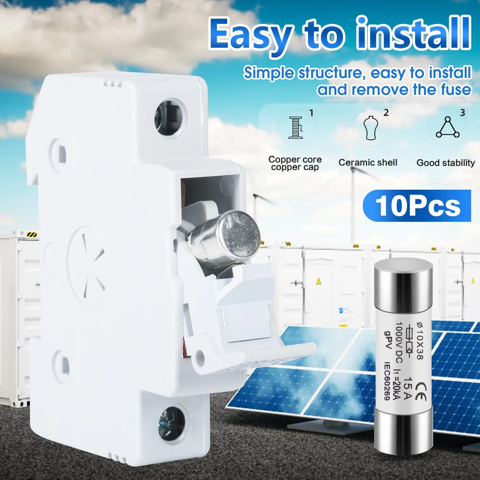 DEWIN Fusibles Photovoltaïques 15A 10X38mm DC 1000V 10pcs