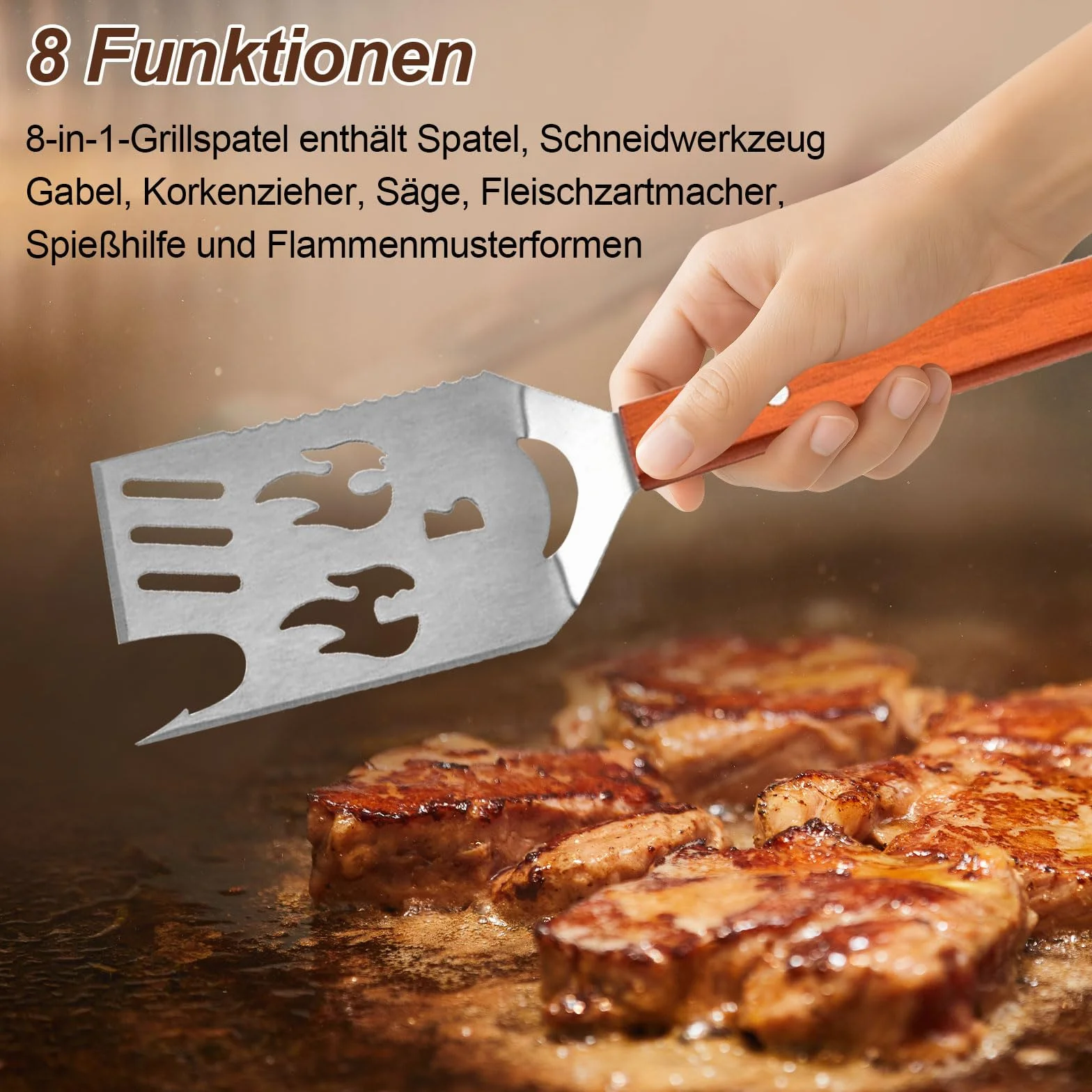 Set Ustensiles Barbecue 8 en 1, Spatule 42 cm et Fourchette 33 cm, Acier Inoxydable, Bois, Décapsuleur