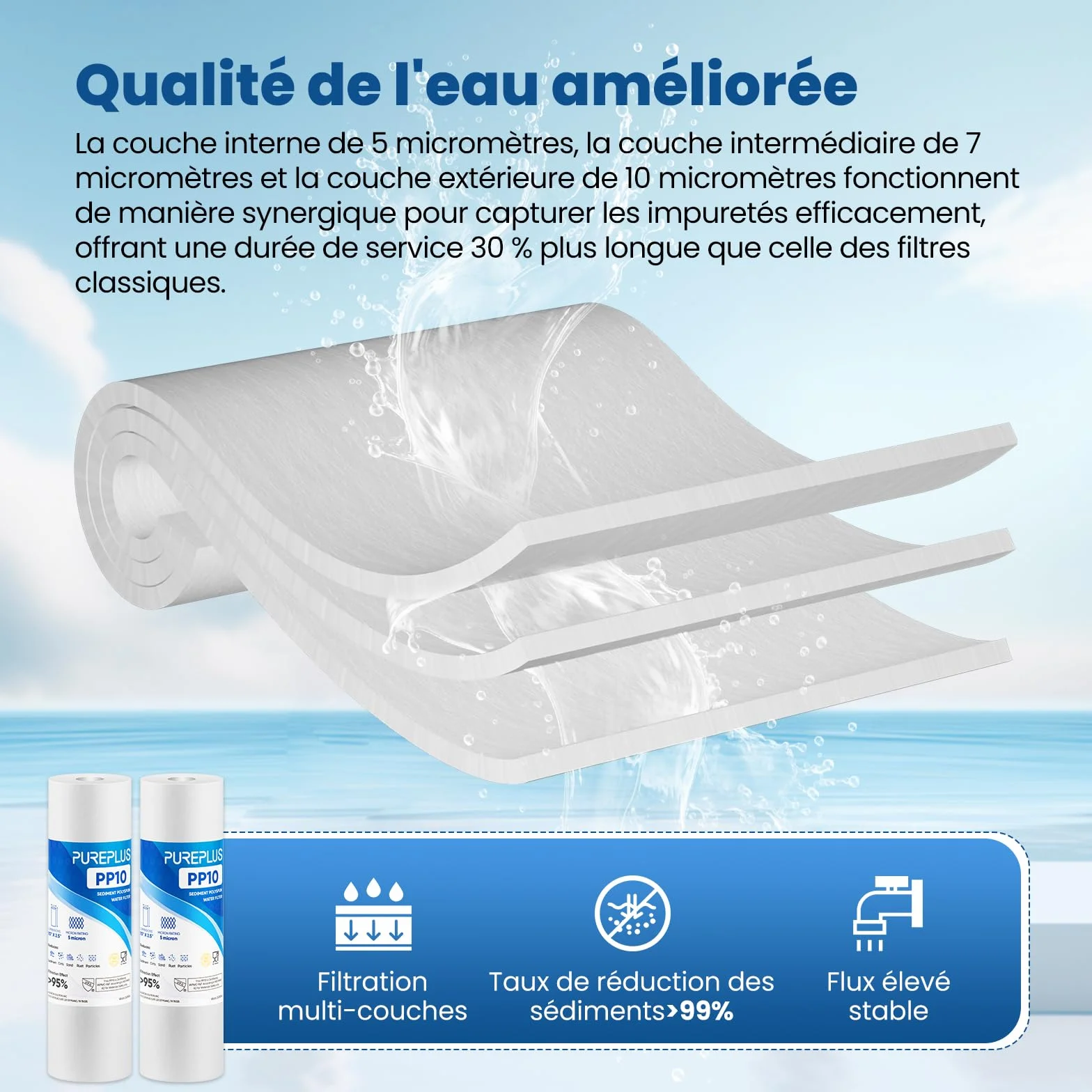 PUREPLUS Filtre à eau à sédiments 5 microns 10" x 2.5" Lot de 4 Cartouches Compatible Big Blue