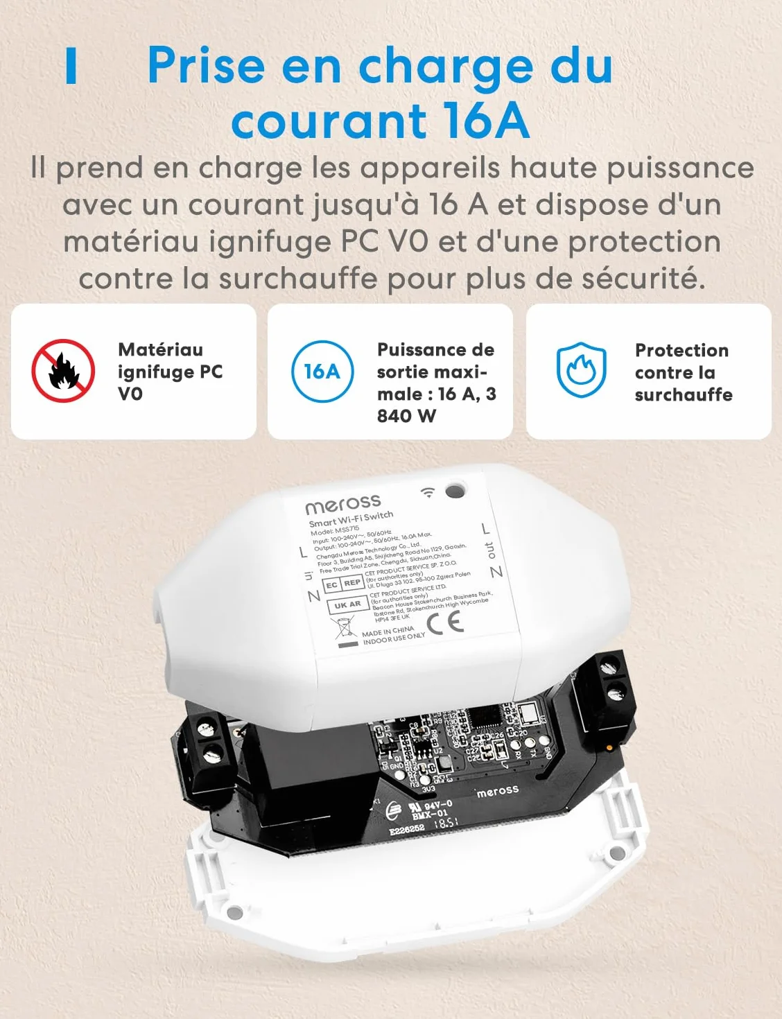 Meross Interrupteur Connecté Matter 16A WiFi Suivi Consommation Énergie Compatible Apple Home Alexa Google Home