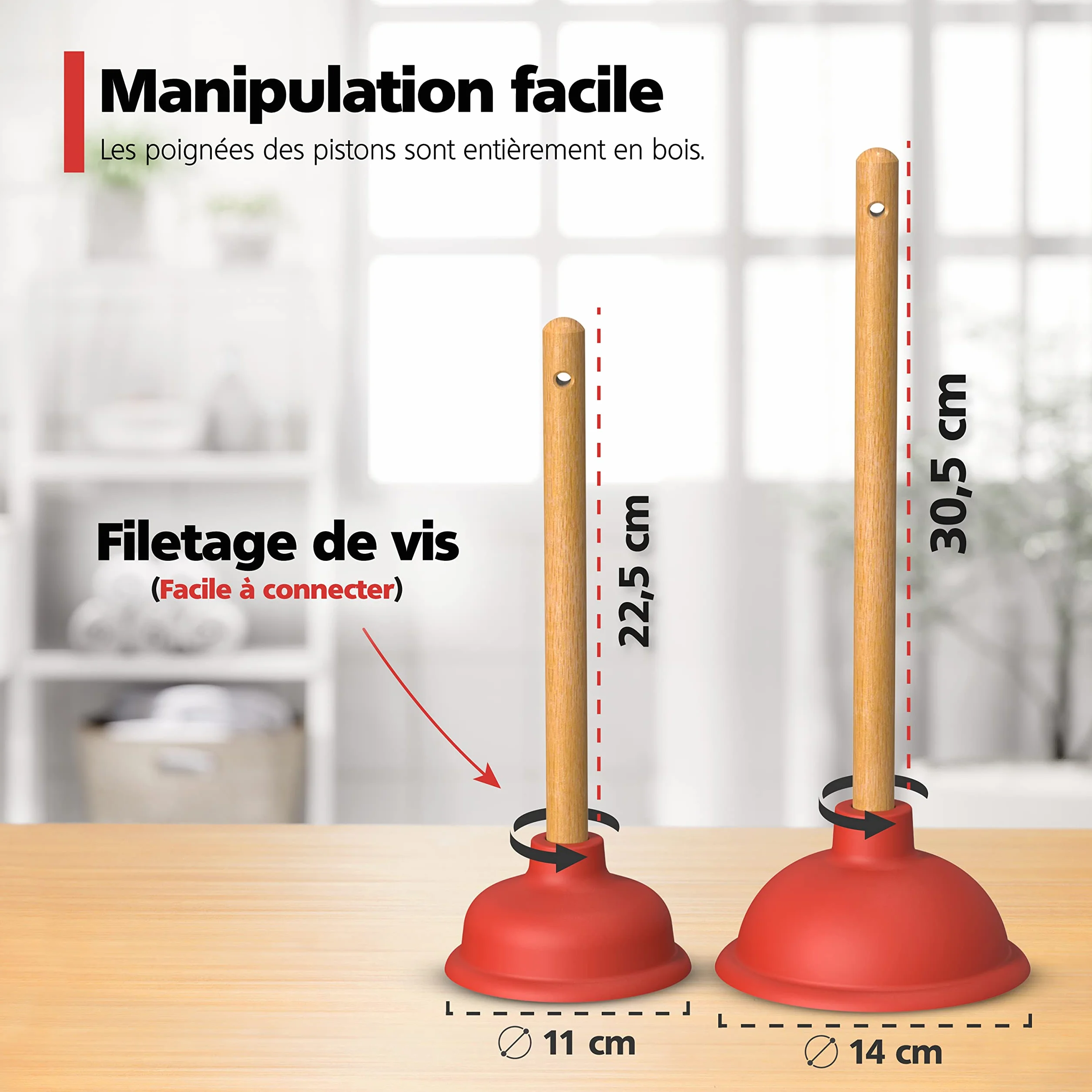 Nirox Déboucheur à ventouse 110 140 mm Débouchage canalisation avec poignées en bois sans produits chimiques