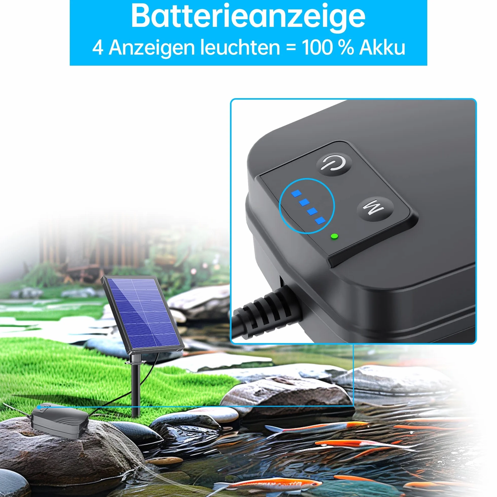 Biling Aérateur de bassin Pompe à oxygène solaire 4 W avec batterie 3 modes 2 pierres à air