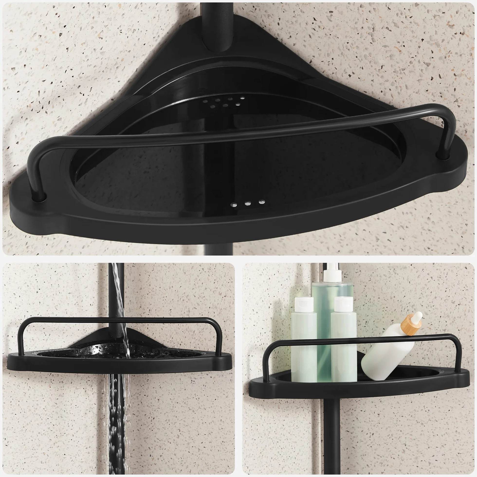 SONGMICS Étagère de Douche Réglable 4 Niveaux, Étagère d'angle Télescopique, Hauteur 85-305 cm, Rangement Salle de Bain Noir