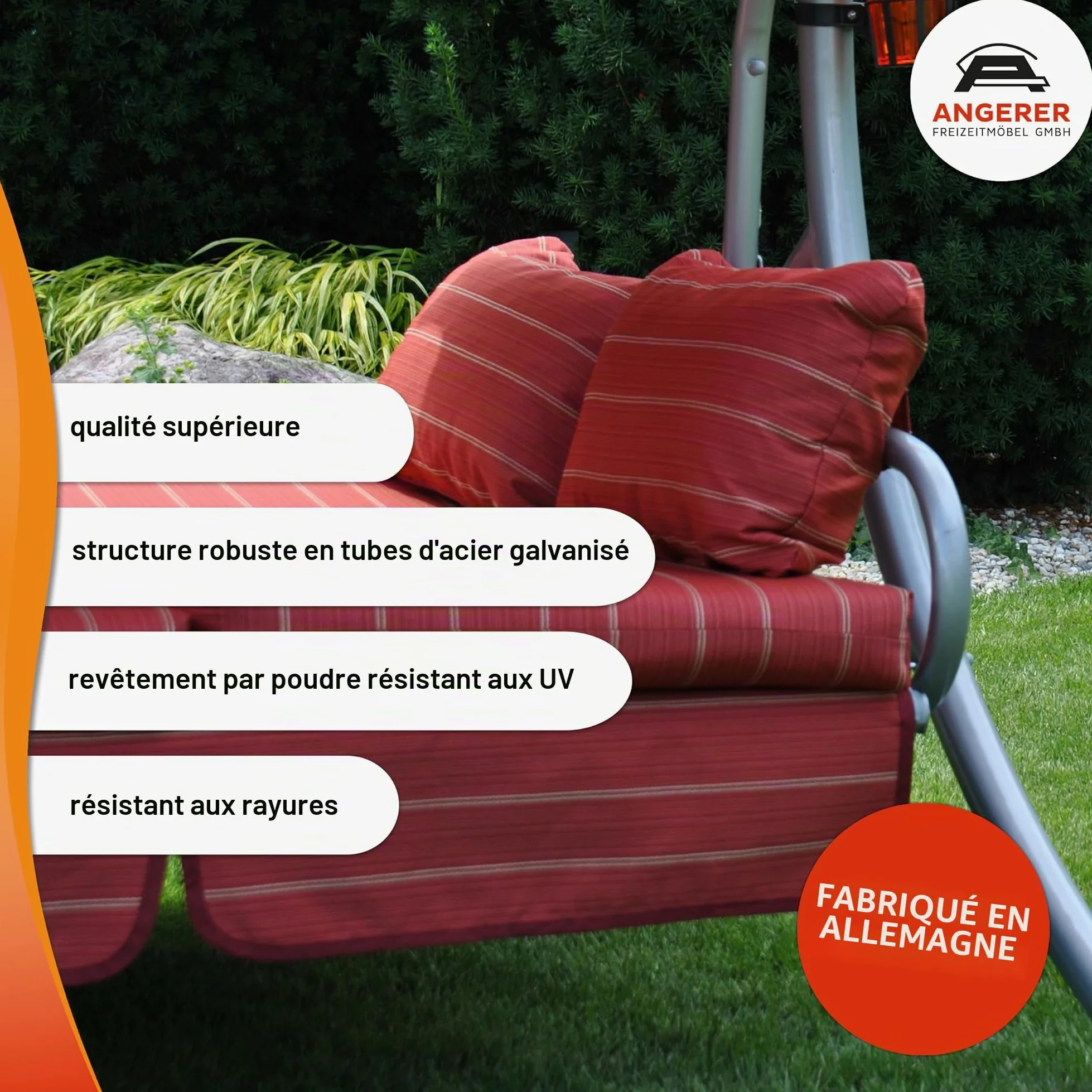 Angerer Balancelle de Jardin Ibiza, 3 Places, Convertible en Lit, Acier Galvanisé, Toit Réglable, 210 x 145 x 160 cm, Capacité 270 kg, Made in Germany (Rayures Vertes)
