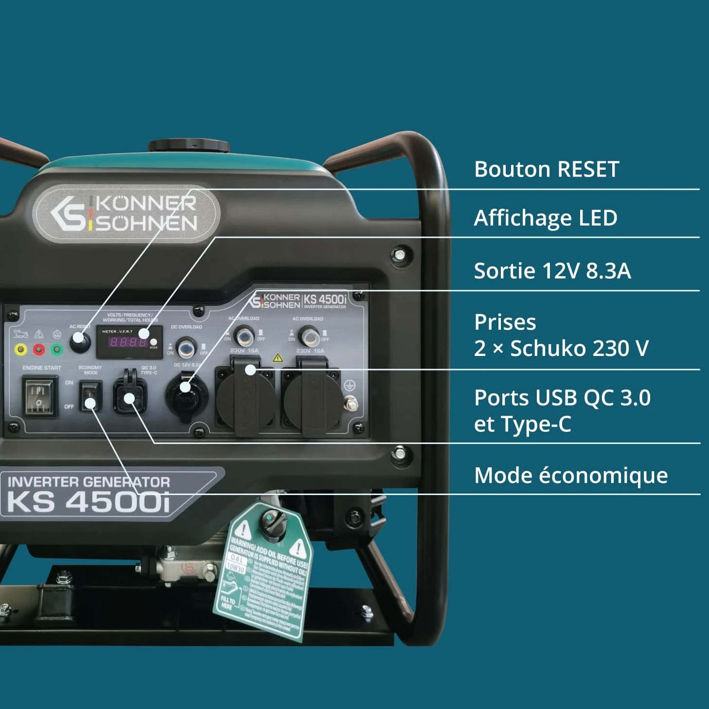 K&S Könner&Söhnen KS 4500i Groupe électrogène essence onduleur 4500 W, USB QC 3.0, Type-C, Générateur à essence avec mode éco, écran LED, 4 temps, 12 V, générateur à onduleur