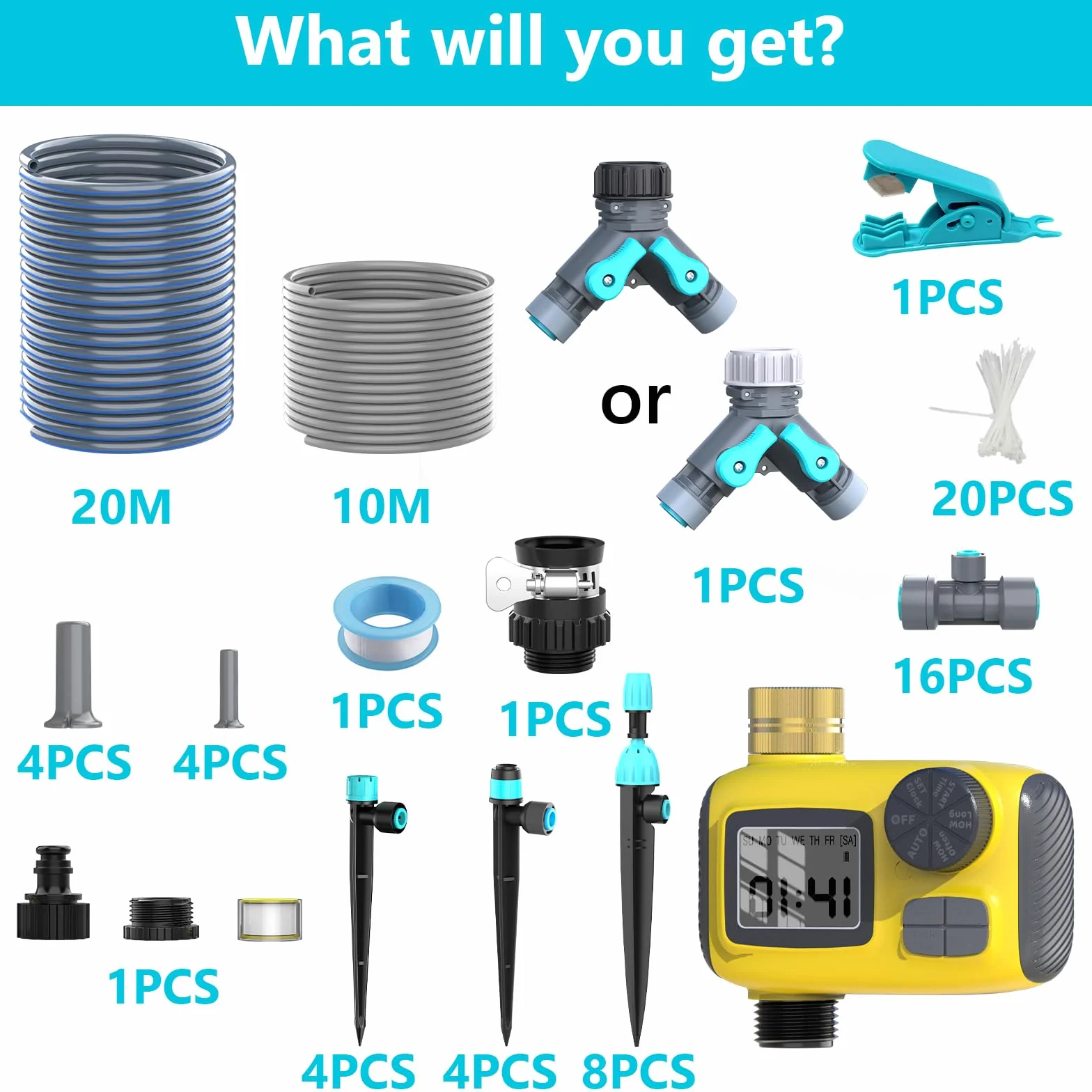 Kit d'irrigation goutte à goutte automatique 30 m avec programmateur TRJZWA 3 programmes, 3 types de goutteurs pour jardin