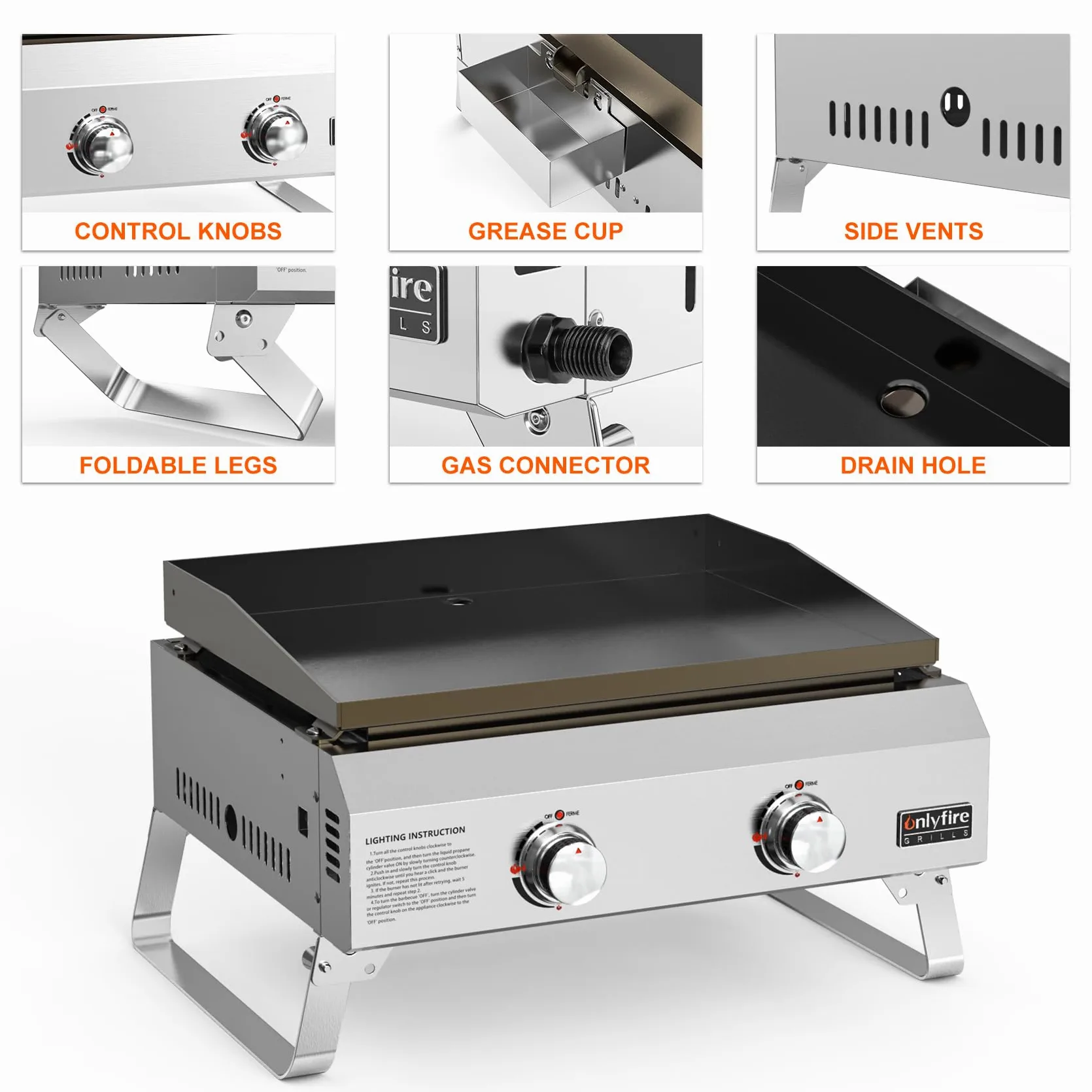 onlyfire Plancha à Gaz de Table en INOX, Barbecue Gaz avec 2 Brûleurs 4.7kW, Plancha 46x36cm avec Revêtement en Céramique Antiadhésif, Pieds Pliables pour Terrasse, Balcon et Camping