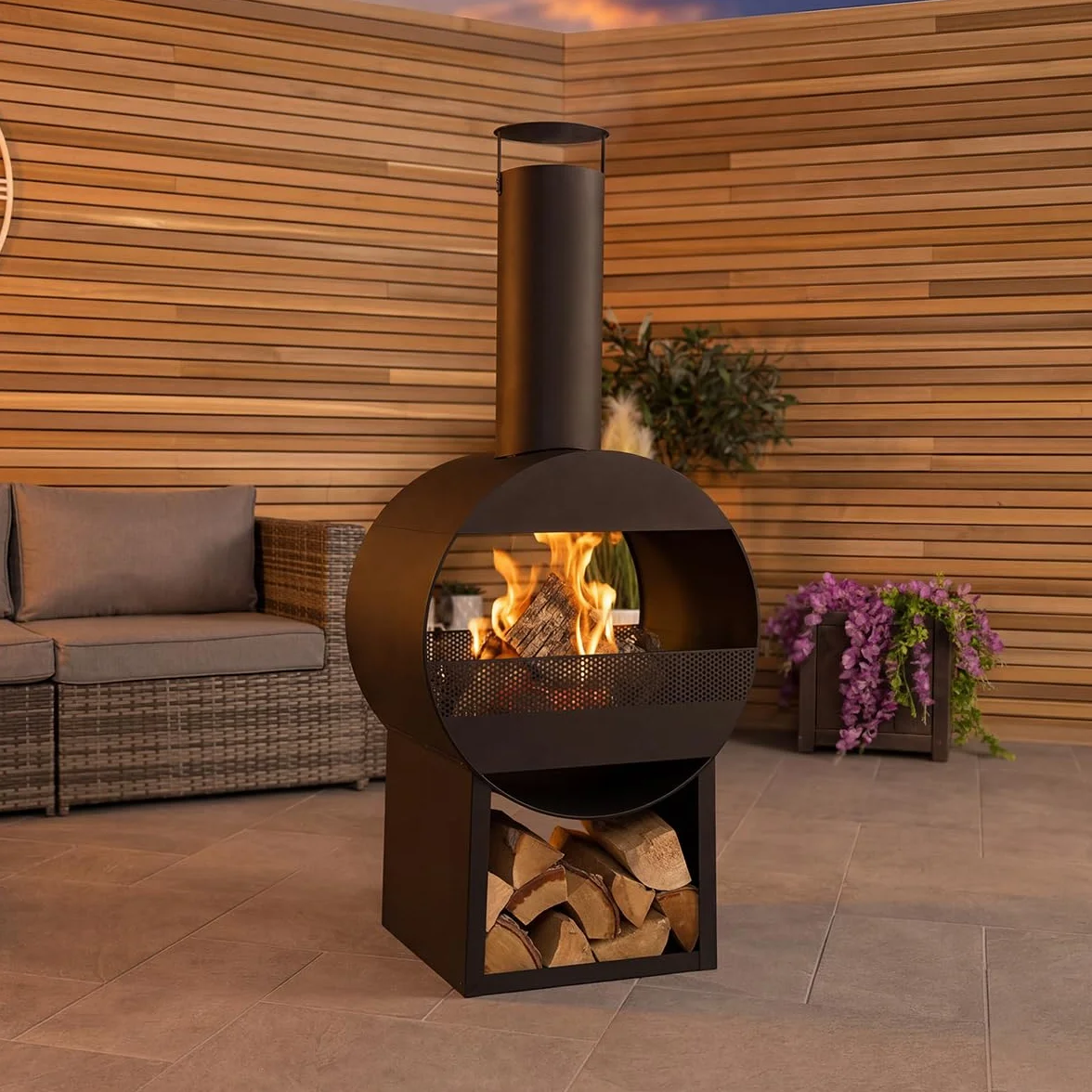 CHARLES BENTLEY Chauffage terrasse cheminée Moderne 129cm, Acier Noir, brûleur Bois/Charbon, tisonnier Inclus, Design Contemporain, Rangement bûches (129x55x40cm)