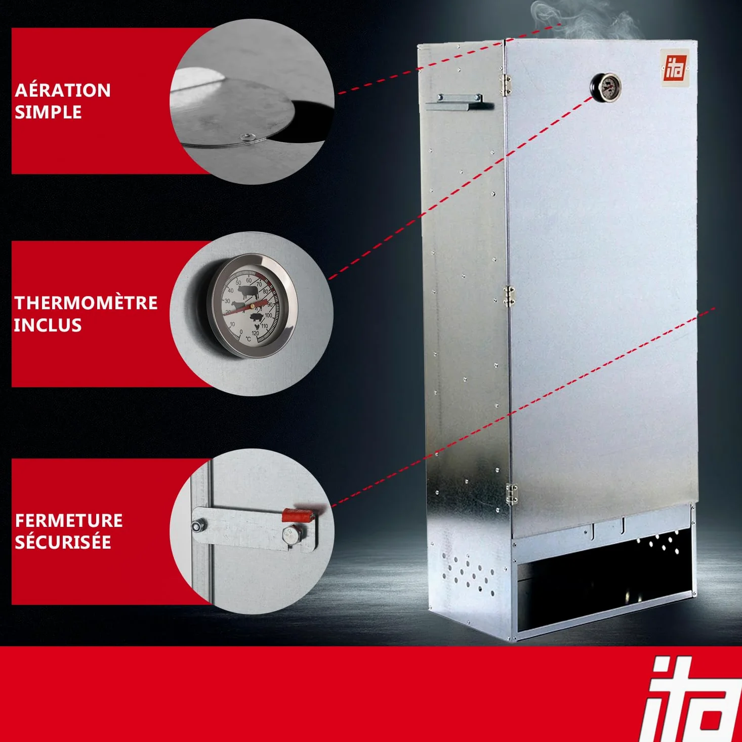ITA Fumoir 7003 111x29x47 cm - Armoire de fumage premium avec thermomètre et accessoires - Métal galvanisé, Résistant à la corrosion, Durable - Fumoir pour viande, poisson, fromage