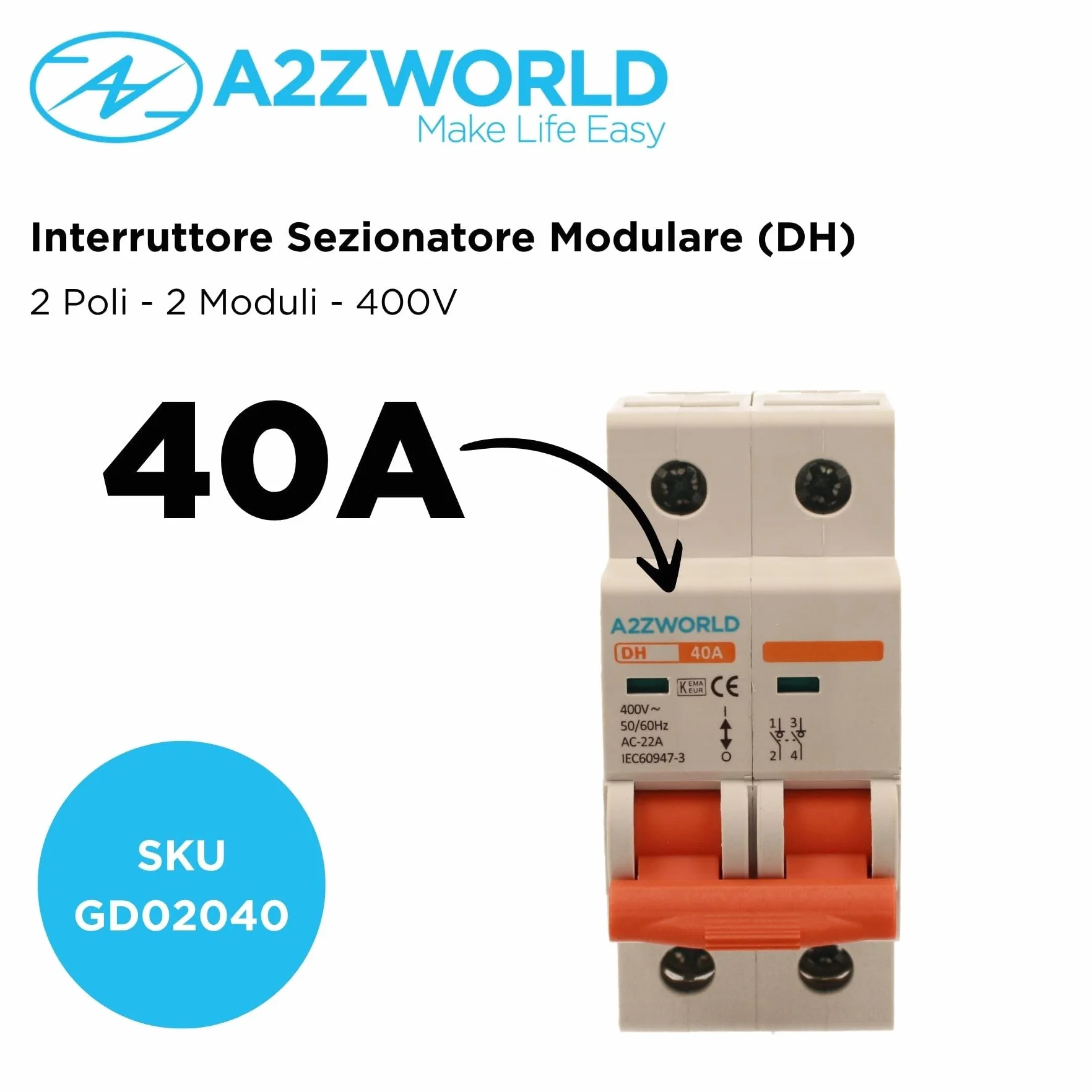 Disjoncteur modulaire 40A 2P bipolaire 2 modules DIN 220V AC IP20 IEC60947-3