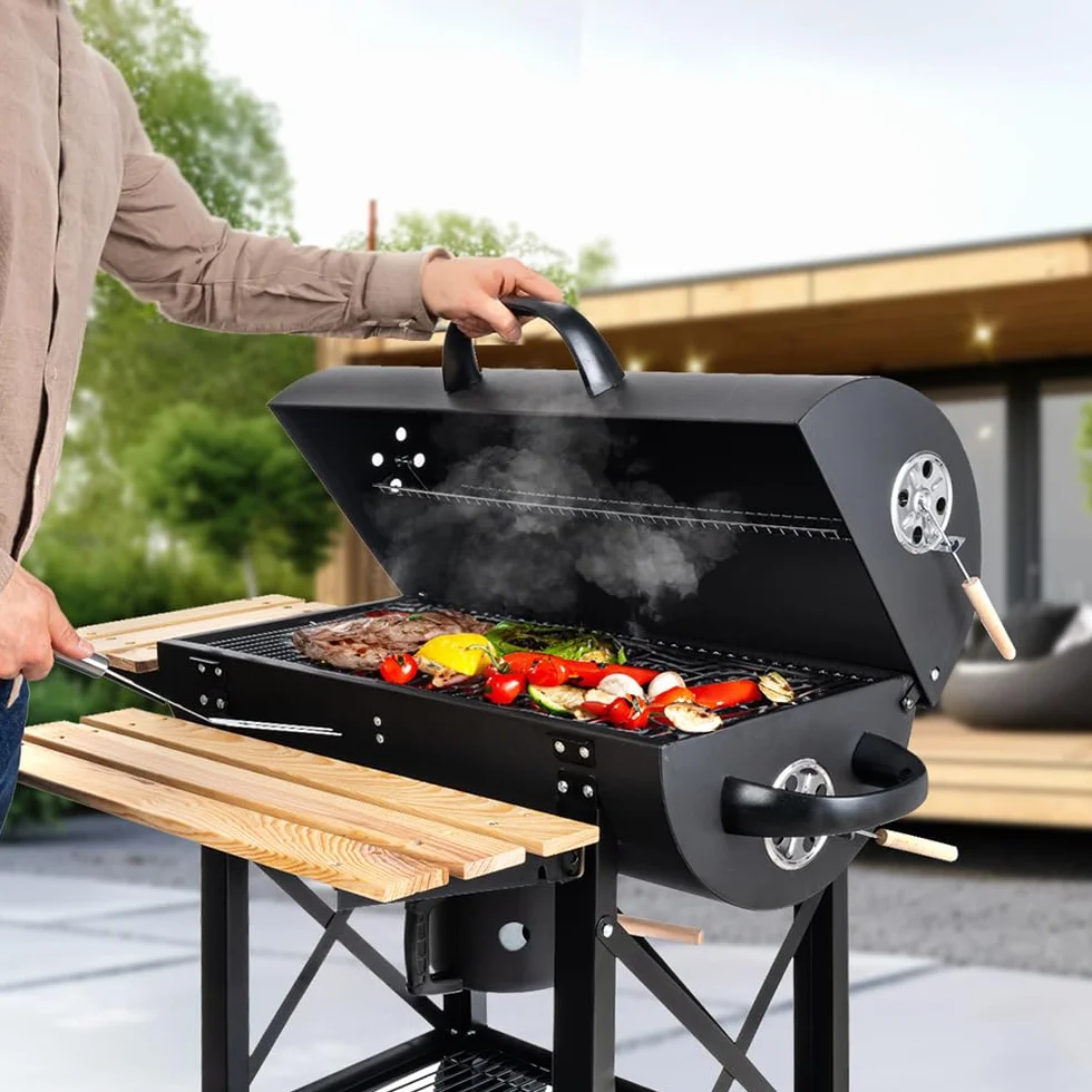 LEHMANN Barbecue Charbon de Bois XL avec Grille de Cuisson, Étagères en Bois, Couvercle, Roulettes