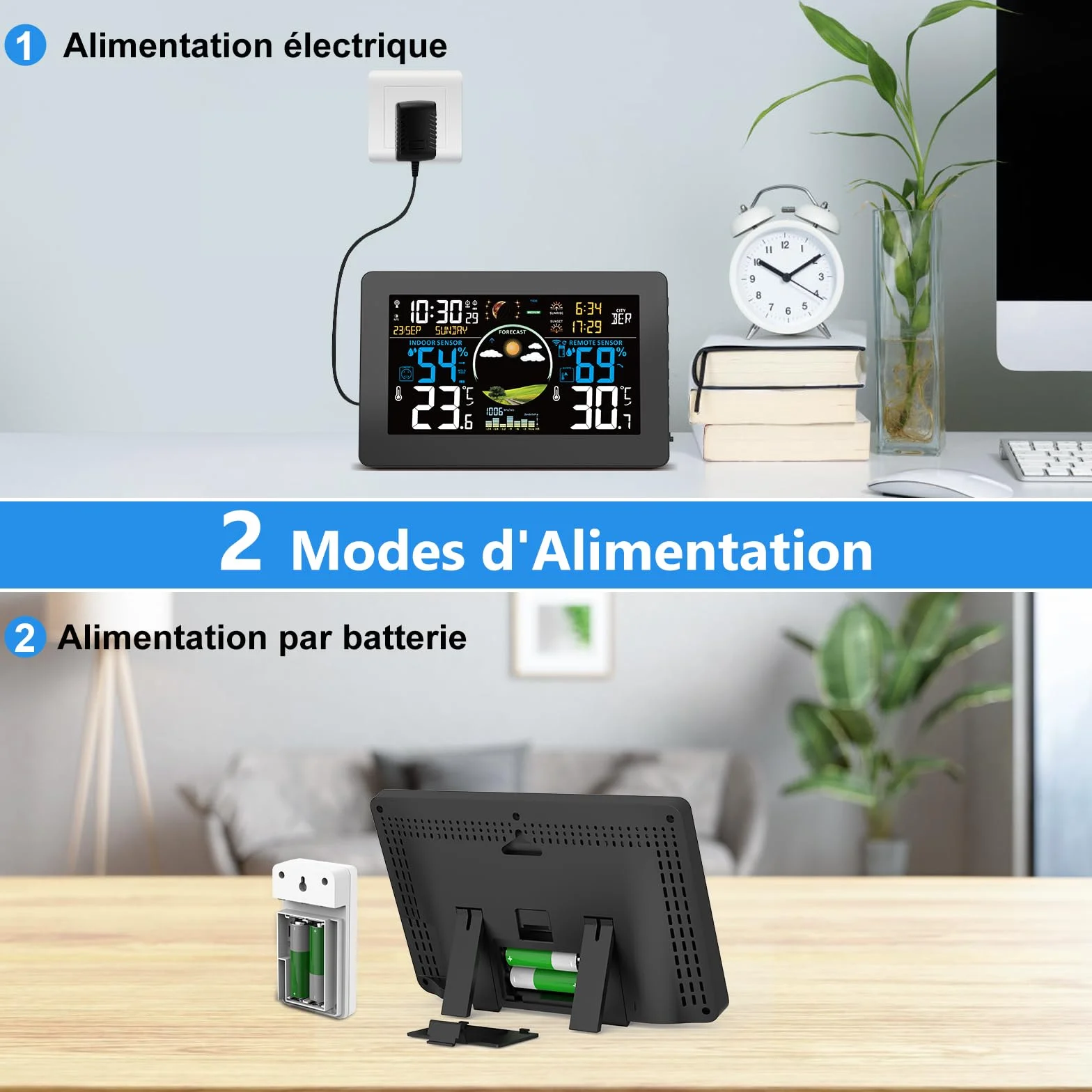 VIFLYKOO Station Météo Sans Fil 7,5" Écran VA Thermomètre Hygromètre Intérieur Extérieur avec Capteur Externe Baromètre Alarme