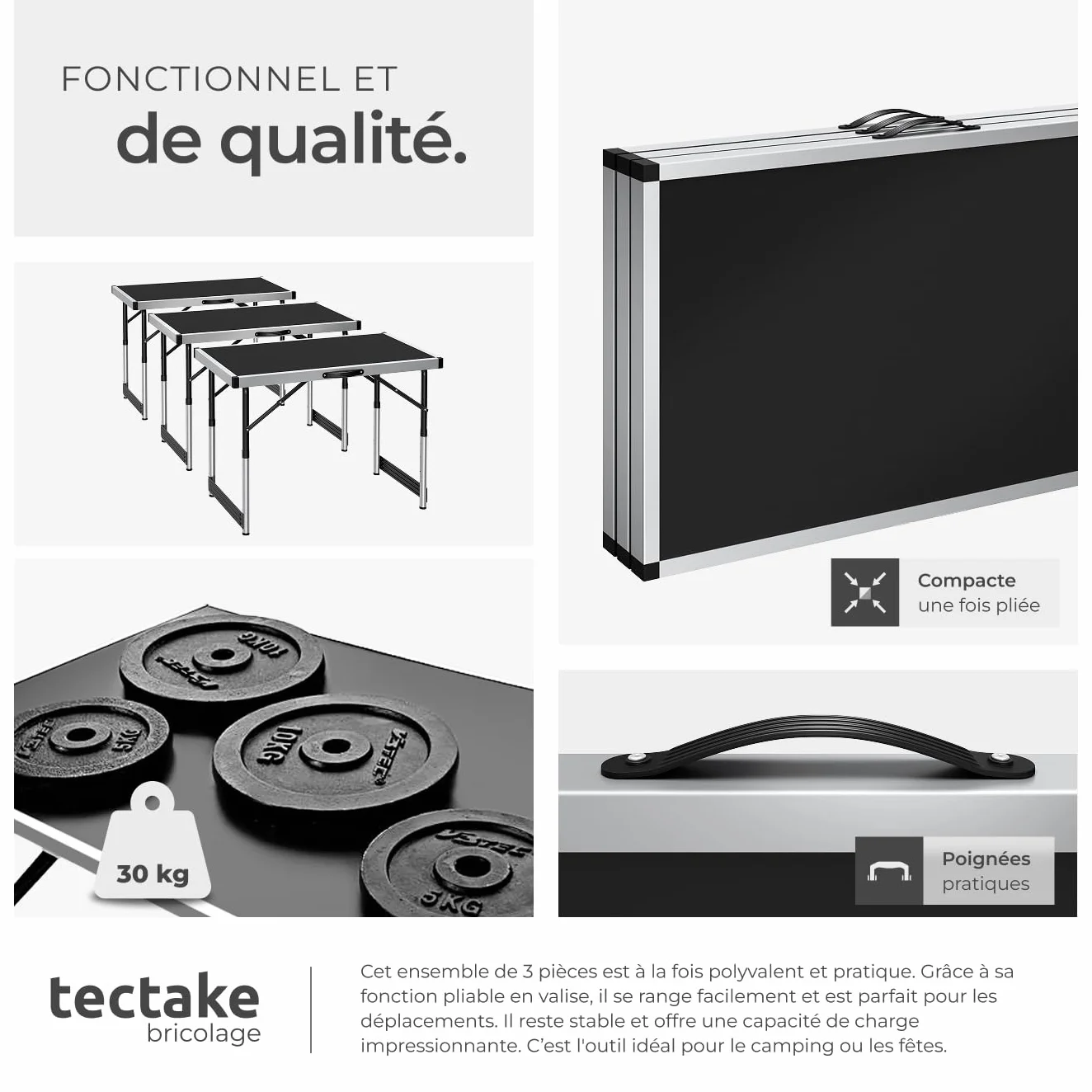 Tectake Lot de 3 Tables Pliantes Multifonction 100 x 60 cm Aluminium Hauteur Réglable 4 Niveaux Camping Barbecue