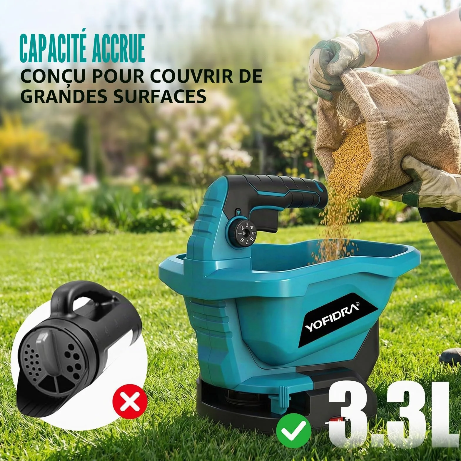 Yofidra Épandeur d'Engrais sans Fil - Épandeur Gazon avec 2 Batteries de 2,0 Ah, Épandeur Gazon, Capacité 3,3 L, 6 Vitesses, 8 Niveaux d'Épandage, Largeur 5 m, Couverture 800 m²