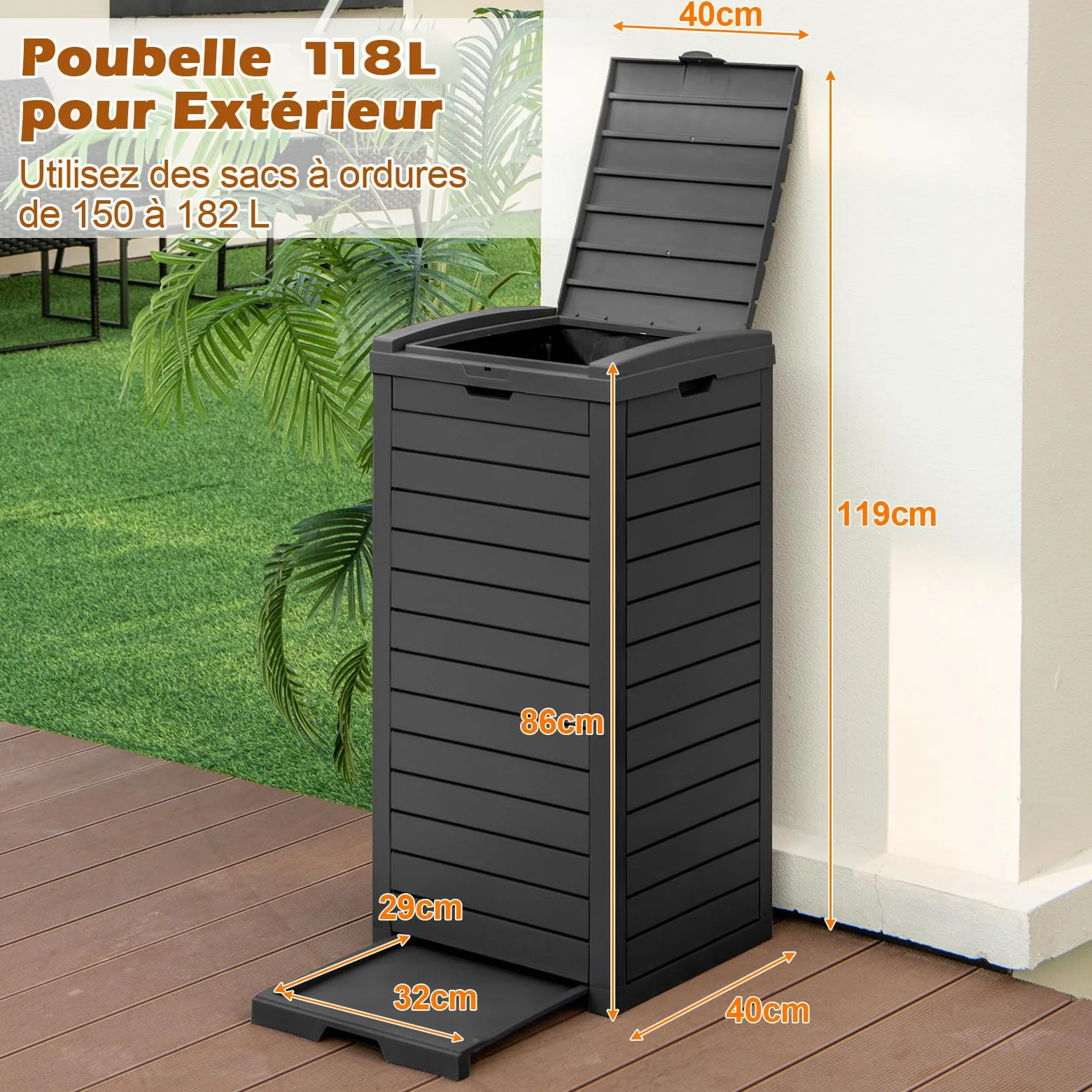 COSTWAY Poubelle Exterieur 118L en Résine, Poubelle de Jardin avec Couvercle et Plateau Extractible, Conteneur Poubelle Double Fermeture Étanche pour Porche, Arrière-Cour, Terrasse, Patio (Noir)