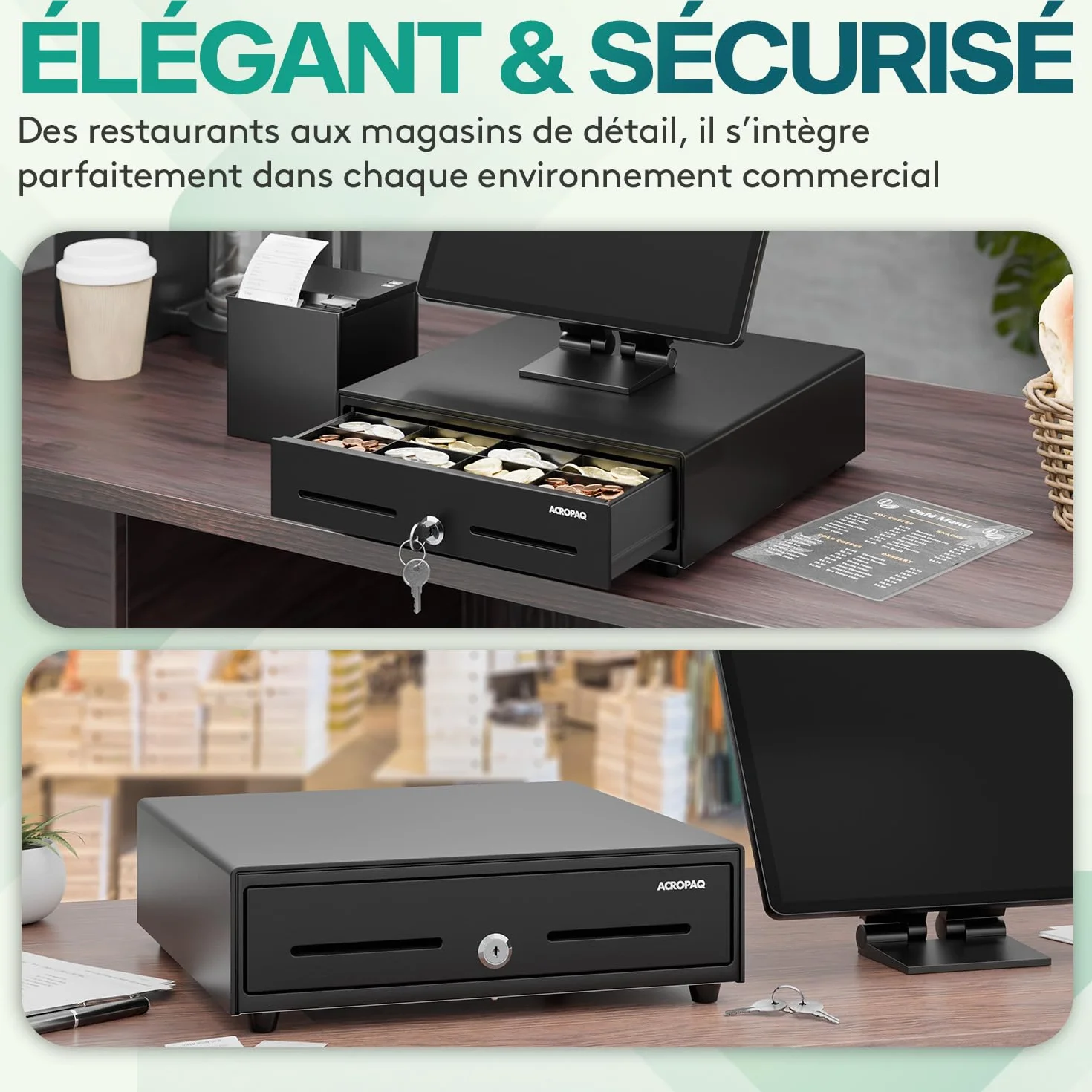 ACROPAQ Tiroir caisse métal 34 x 33 x 10 cm Compatible caisse enregistreuse RJ11 4 compartiments monnaie 8 billets