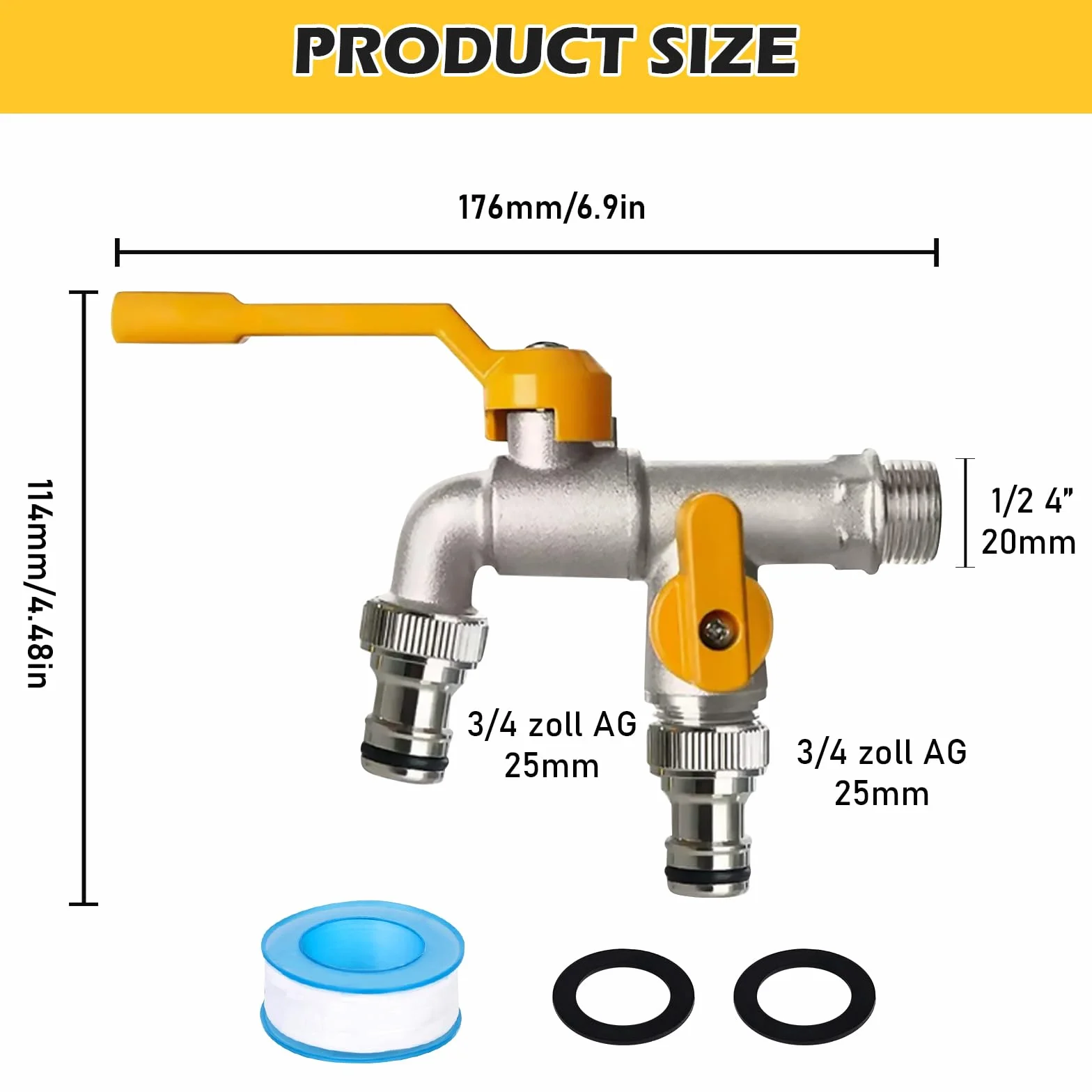 Robinet de Jardin Double Sortie en Laiton 1/2" Antigel avec 2 Sorties 3/4" et Ruban d'Étanchéité