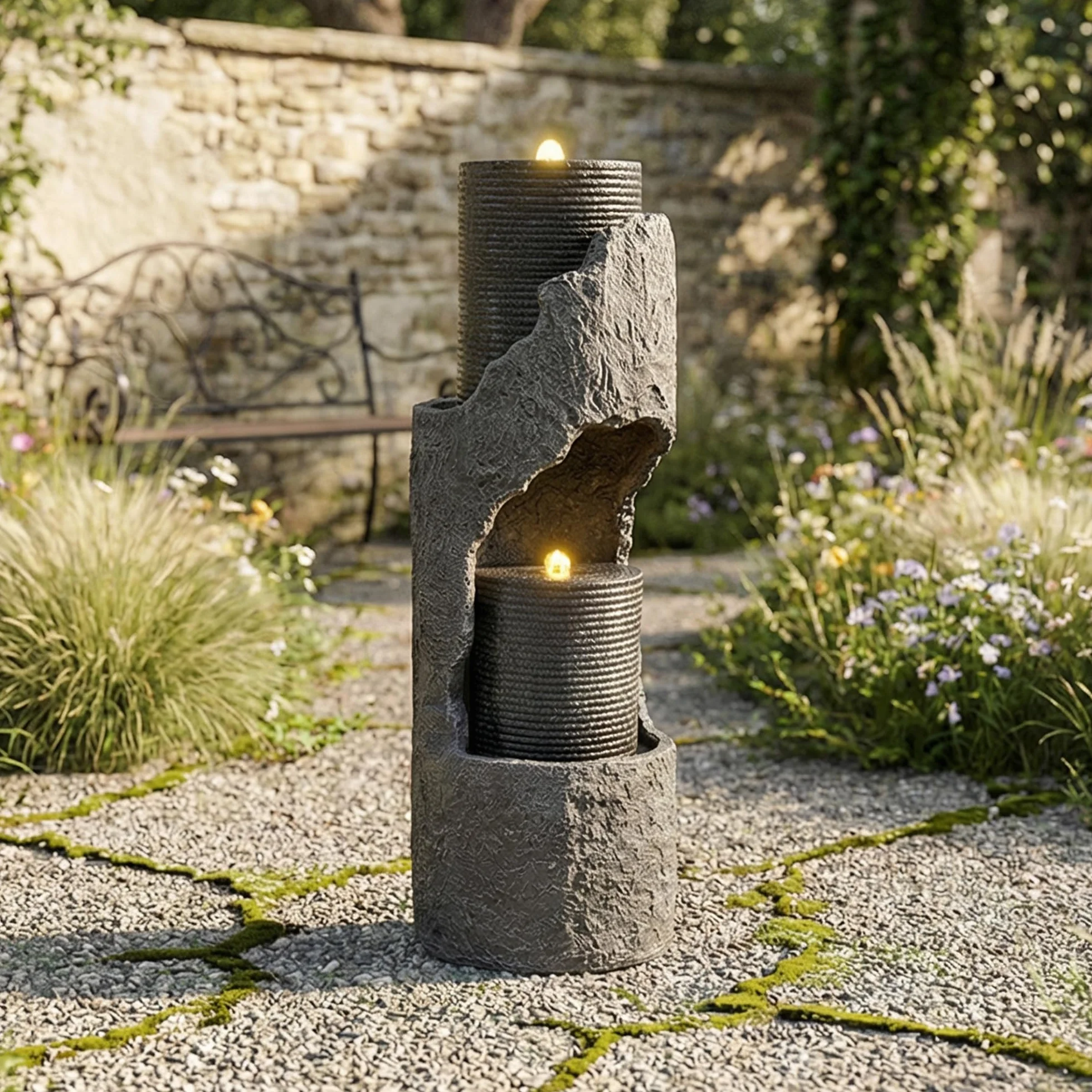 Fontaine de jardin avec éclairage LED, env. 34,5 x 34,5 x 100,5 cm, fontaine de jardin avec revêtement extérieur en pierre artificielle, fontaine d’intérieur, jeu d’eau pour jardin et terrasse
