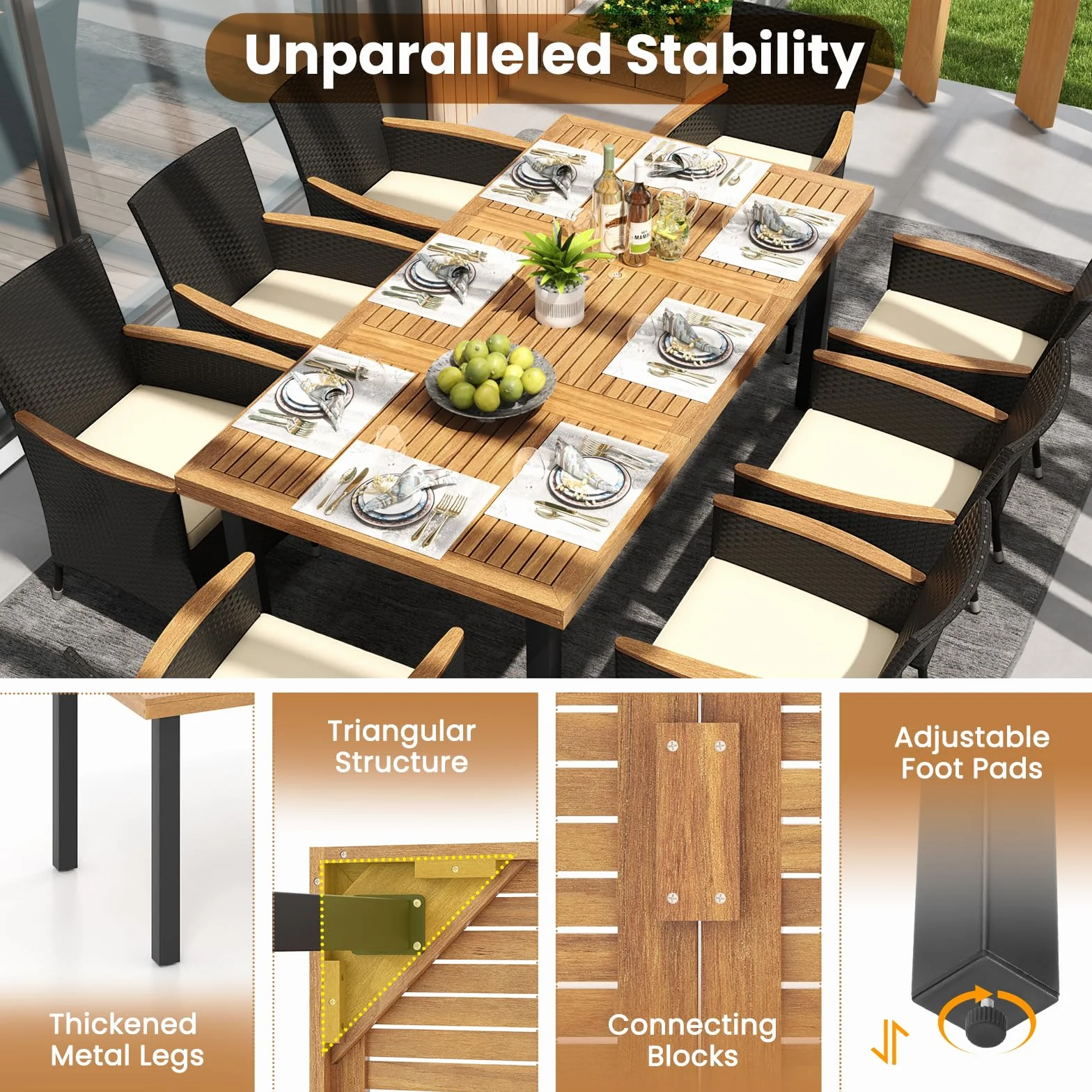 KOMFOTTEU Table de Jardin avec Trou pour Parasol 200x100x75 cm Bois d'Acacia Métal 8 Personnes