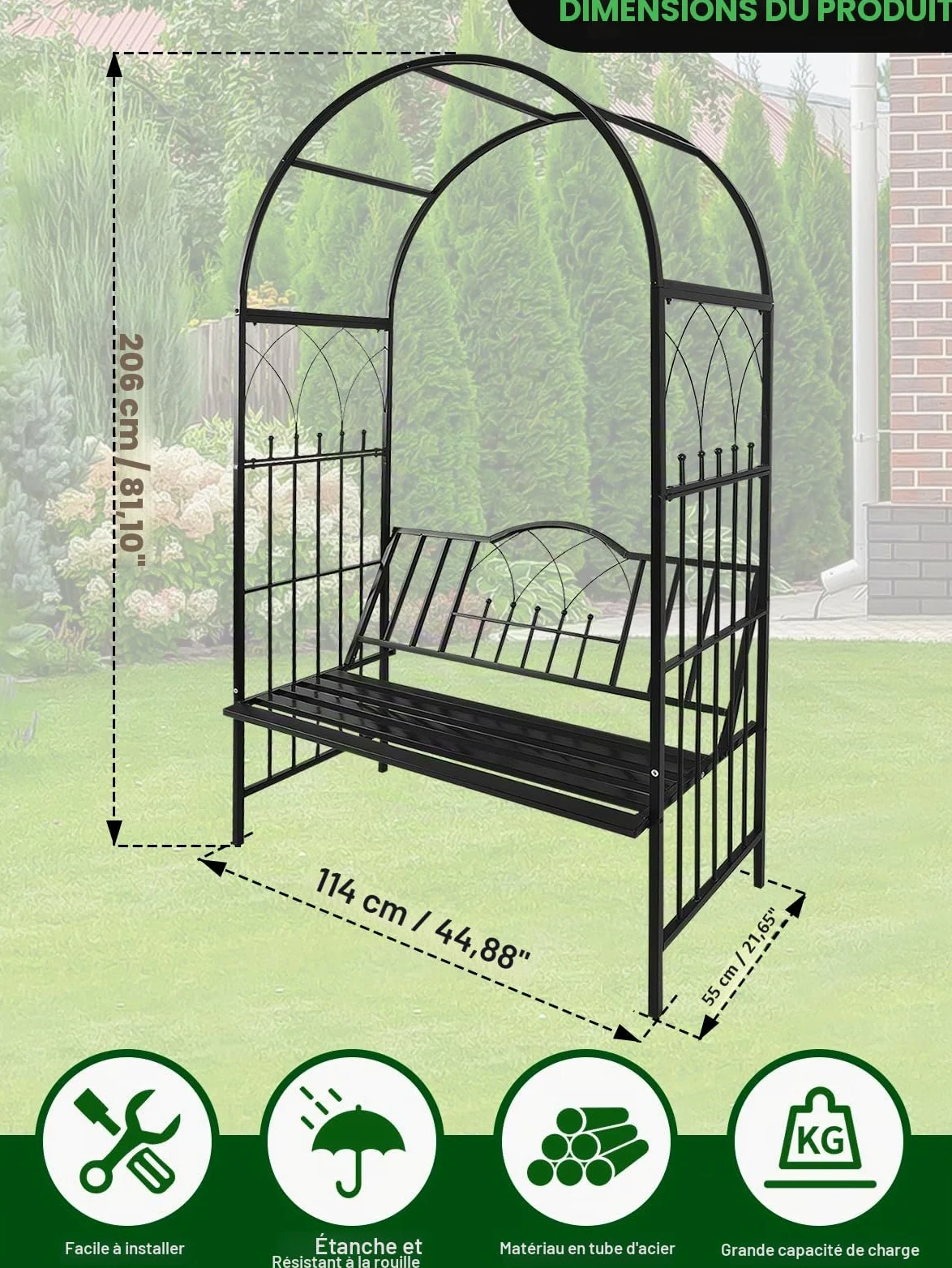 Kalolary Tonnelle Jardin Robuste en Métal avec Banc, Siège pour Plante Grimpante et Support d'Escalade pour Vignes et Fleur, Pavillon Arc de Jardin pour Extérieur