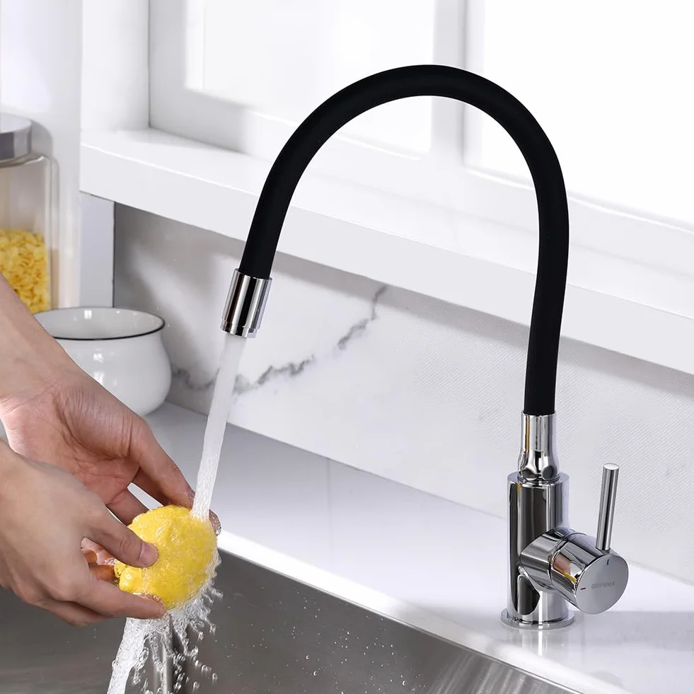 GRIFEMA Mitigeur Évier Bec Flexible Rotative 360° Chrome Noir G4002-2