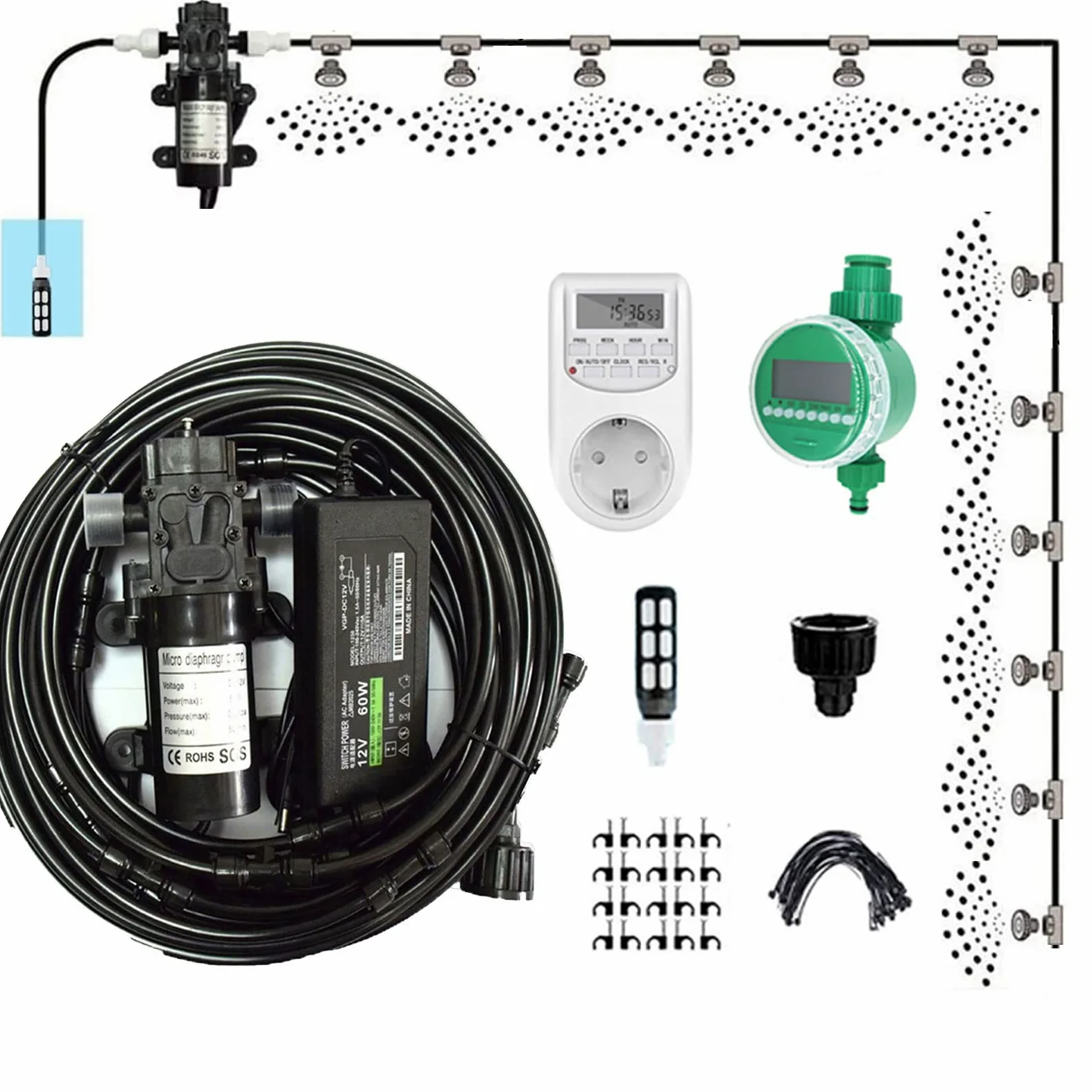 Kit de système de refroidissement de brumisation extérieure avec minuteries et 2 24 V Pompe et laiton Pulplateeurs et filtres, Patio Mister Mister System Système d'irrigation pour le patio extérieur
